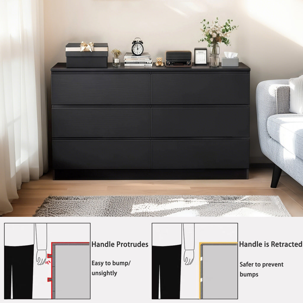 Modern 6 Drawer Dresser with Spacious Countertop and Concealed Handles, Storage Cabinet for Bedroom and Living Room, Black MDF - Grand Goldman Shop