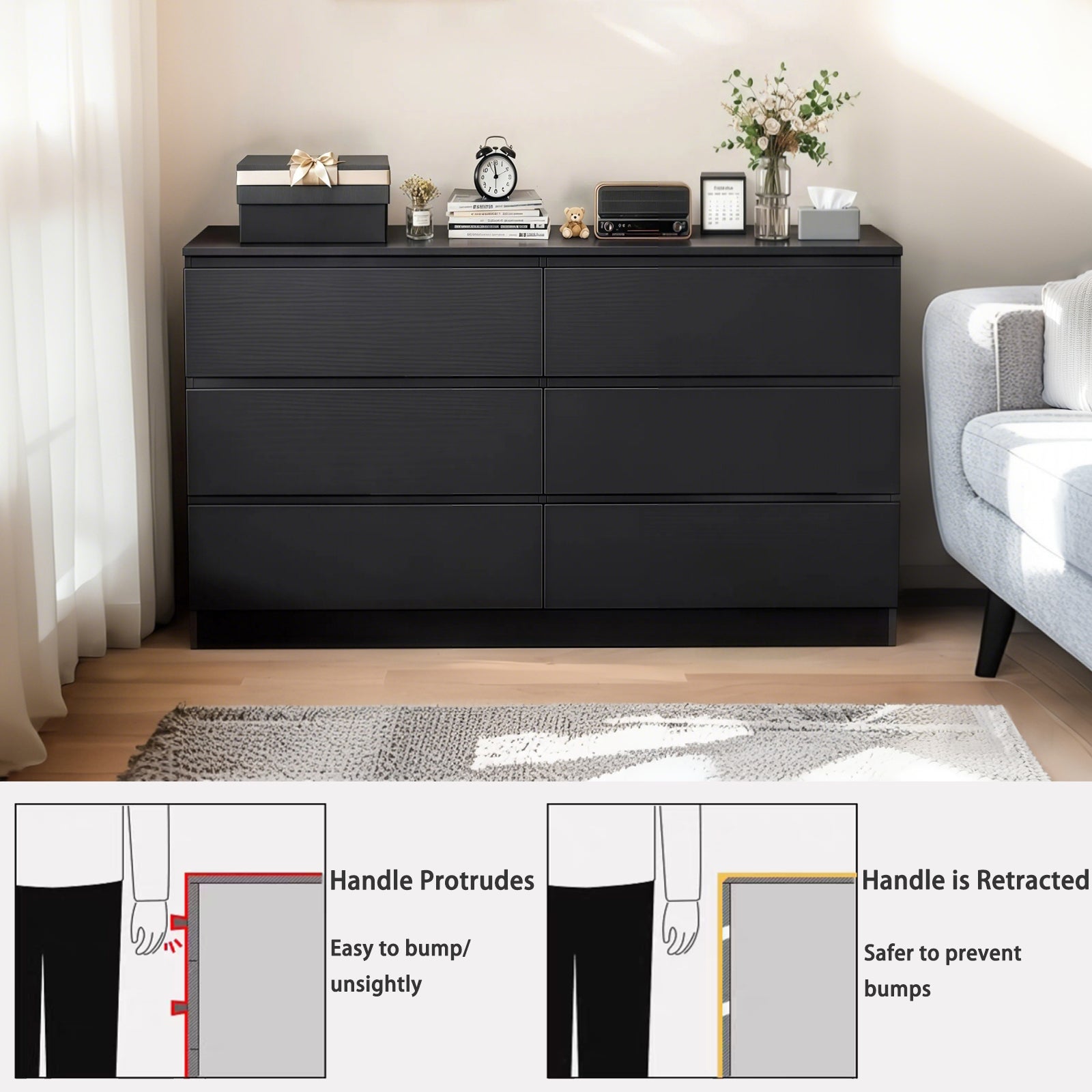 Modern 6 Drawer Dresser with Spacious Countertop and Concealed Handles, Storage Cabinet for Bedroom and Living Room, Black MDF - Grand Goldman Shop