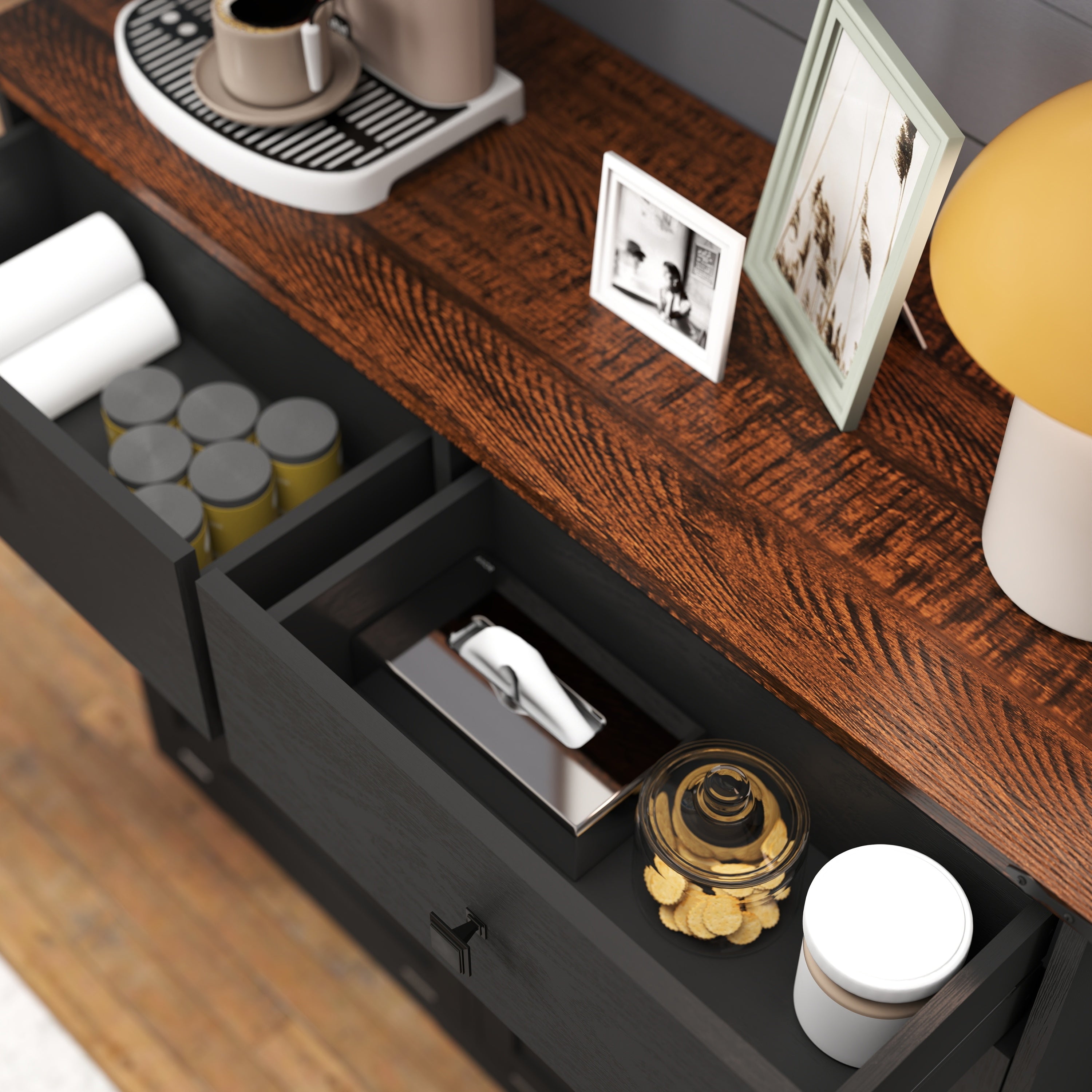 Farmhouse Black Double Tilt Out Trash Cabinet with Hideaway Drawer and Barn Door Style, Engineered Wood, 39.3''×13''×34.45'' - Grand Goldman Shop
