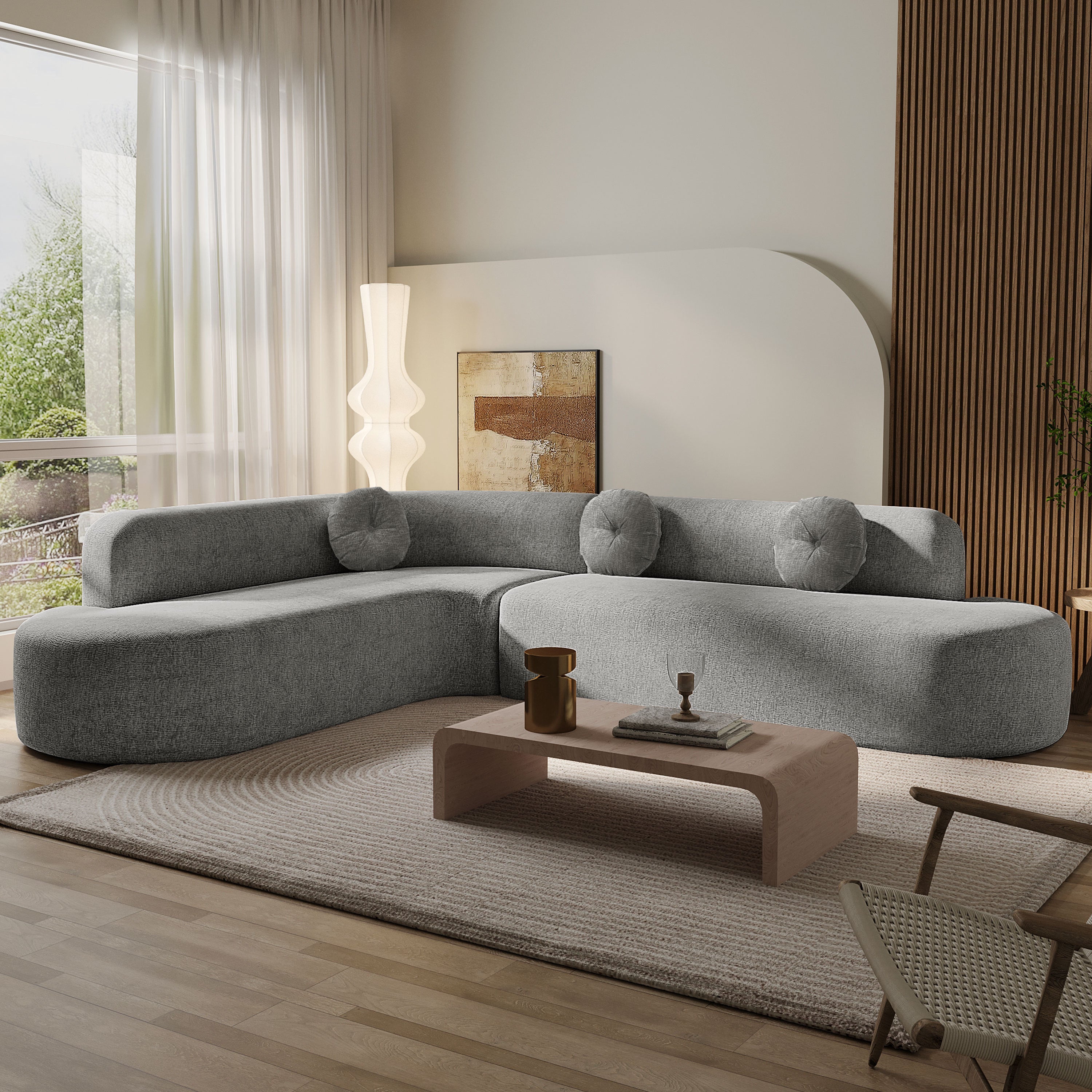 Mirod 122'' Extra Large Sectional Sofa Soft Fabric Upholstery, Elegant Curved Design with Three Round Cushions , High-Resilience Foam for Ultimate Comfort - Grand Goldman Shop