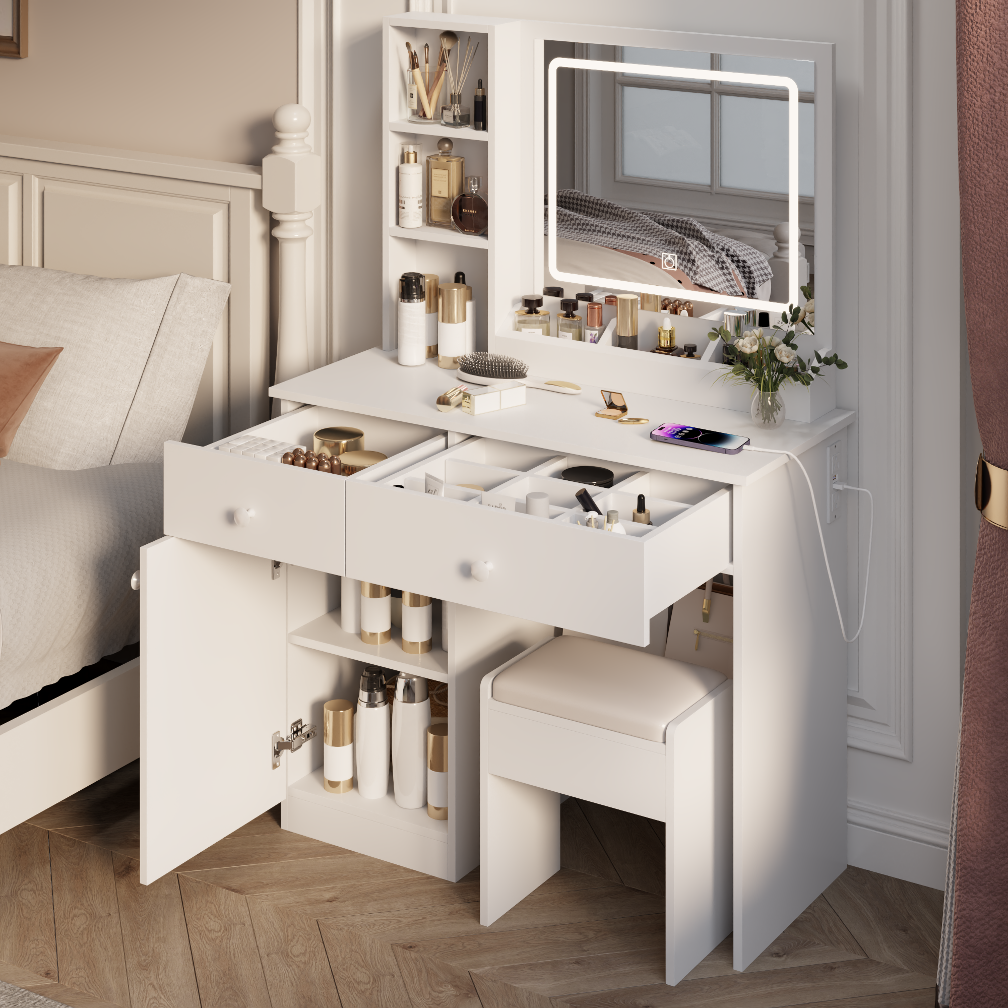 Fashion Vanity Desk with Mirror and Adjustable Lights, Makeup Table Set with 2 Drawers, White MDF, 35.43' x 15.75' x 51.97' - Grand Goldman Shop