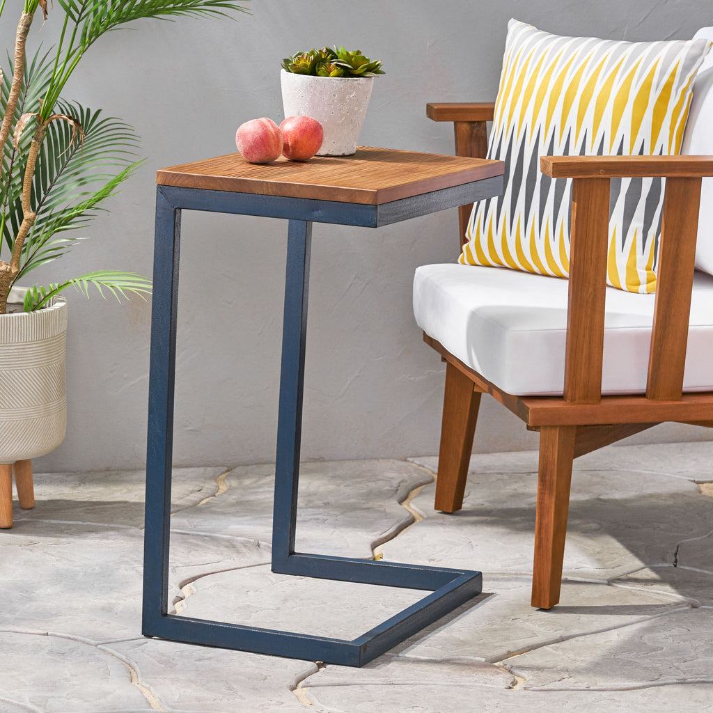 Large C-shaped End Table with Iron Base and Fir Wood Top, Black - Grand Goldman Shop