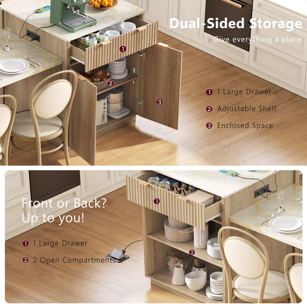 K&K 82.6' Fluted Kitchen Island with Extendable Dining Table for 4-6, Island Table for Kitchen with Power Outlet, Kitchen Table with Double-Side Storage, 2 Drawers 2 Side Open Shelves, Natural - Grand Goldman Shop