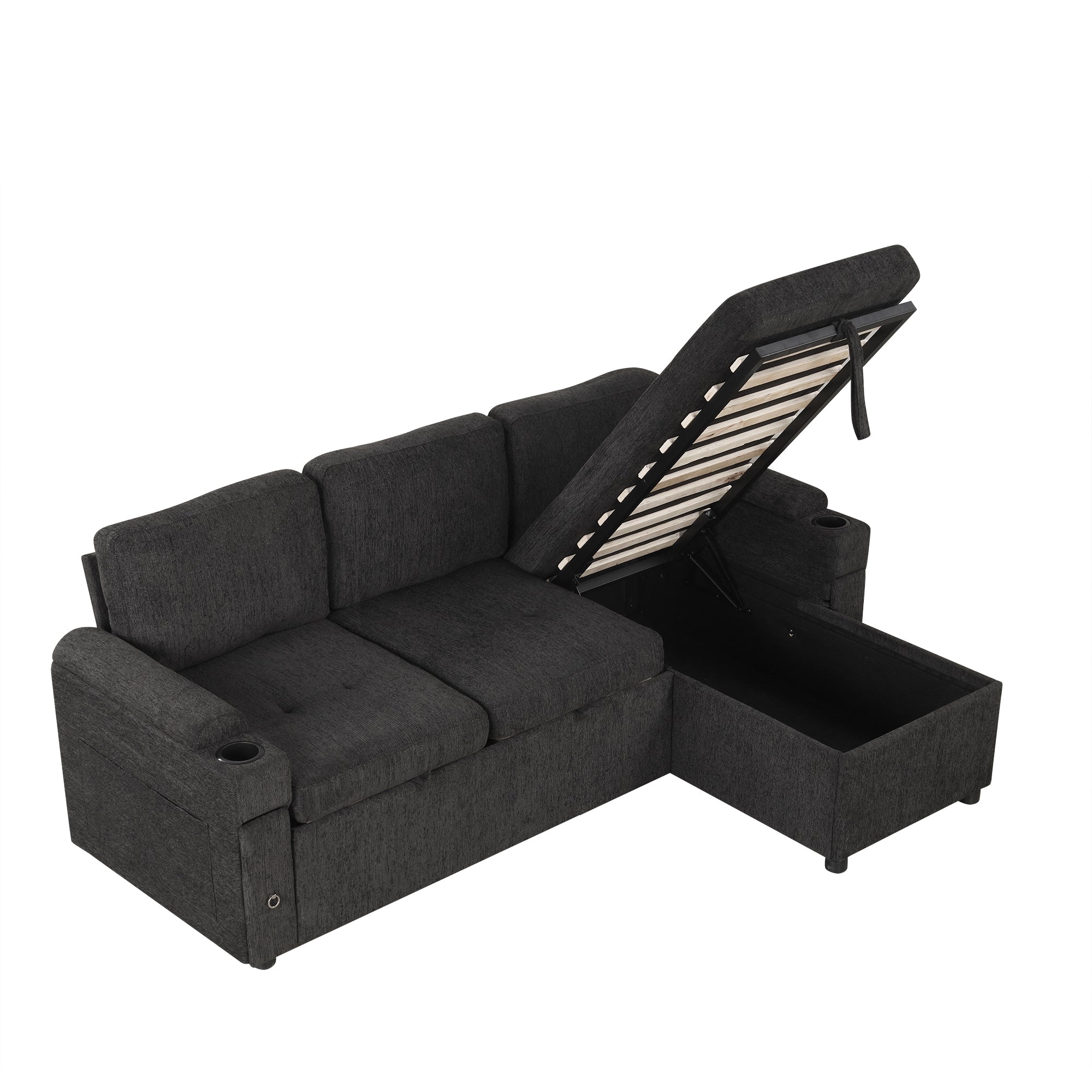Black Convertible L-shaped Sofa Couch with Storage, Cup Holders, USB Ports, Chenille Fabric, 83.5' - Grand Goldman Shop