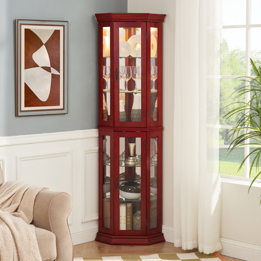 Corner Curio Cabinet Lighted Corner Display, Glass Display Shelf Shelving Bar cabinet with Tempered Glass Door, Bar Cabinet,Cabinet with Adjustable Shelf Glass Cabinet Shelves Bead Bulb Included - Grand Goldman Shop