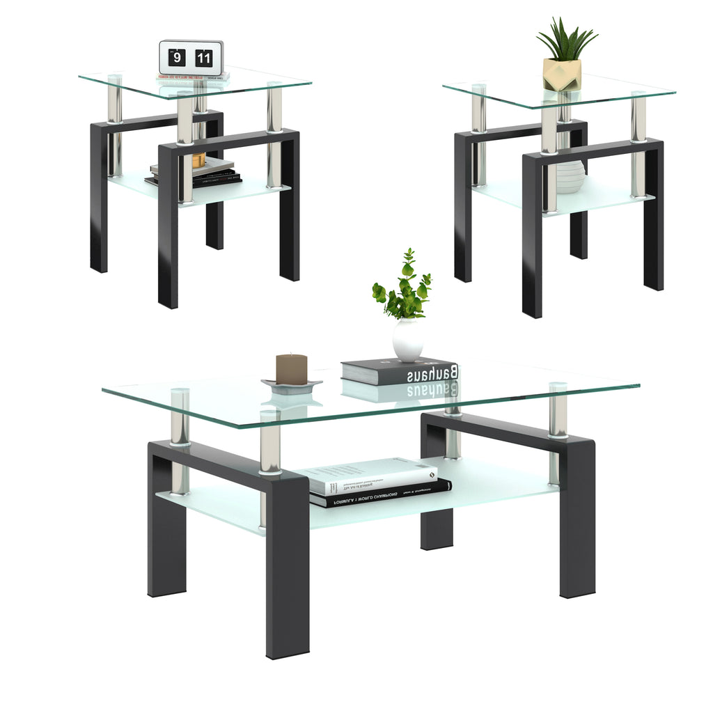 Modern Tempered Glass Tea Coffee End Table Set of 2, Transparent/Black, Metal Legs, Square Design - Grand Goldman Shop