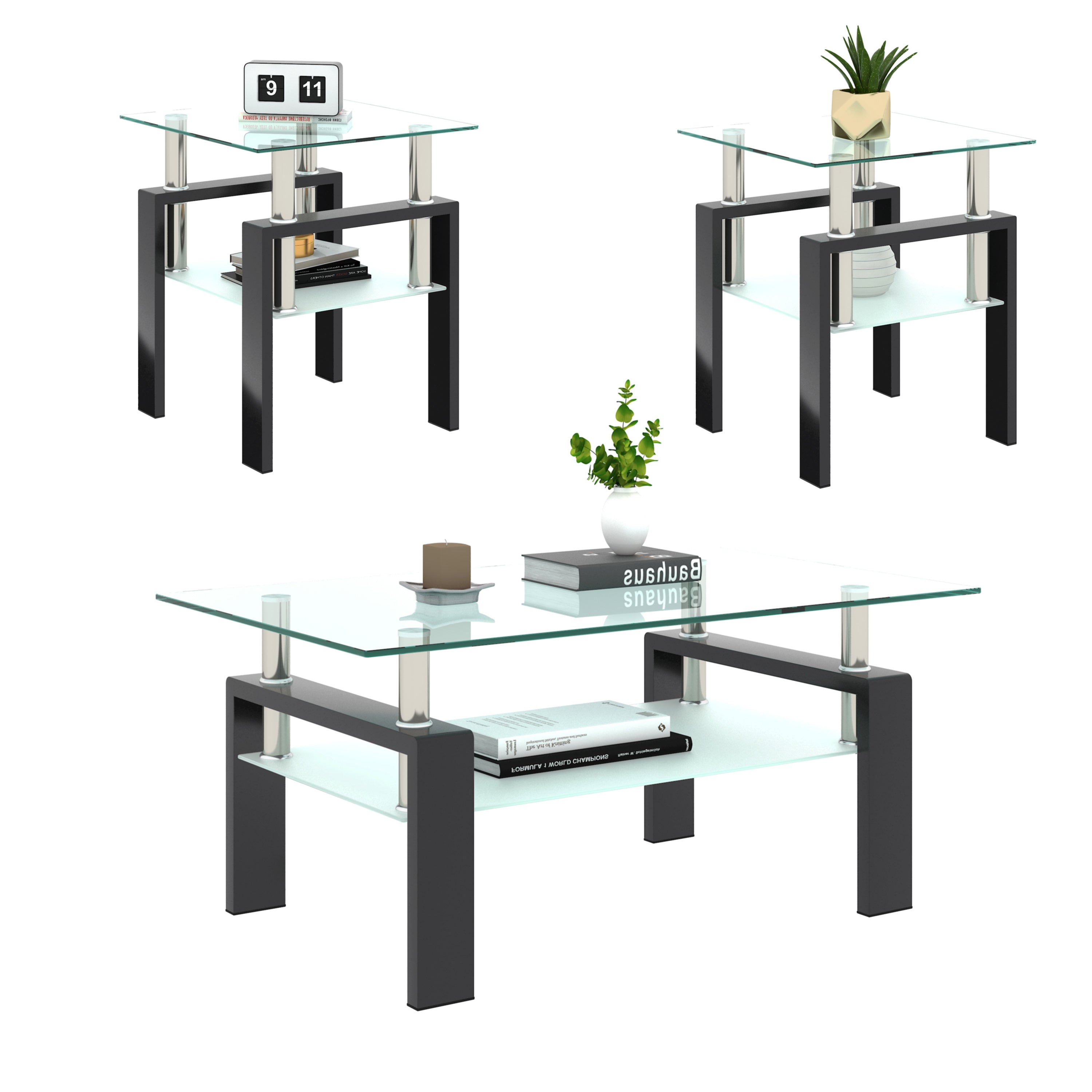 Modern Tempered Glass Tea Coffee End Table Set of 2, Transparent/Black, Metal Legs, Square Design - Grand Goldman Shop