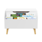 Wooden Toy Box with Front Bookshelf, Flip-Top Lid, Safety Hinge for Kids Room Organization in White, Solid Wood & MDF Constru