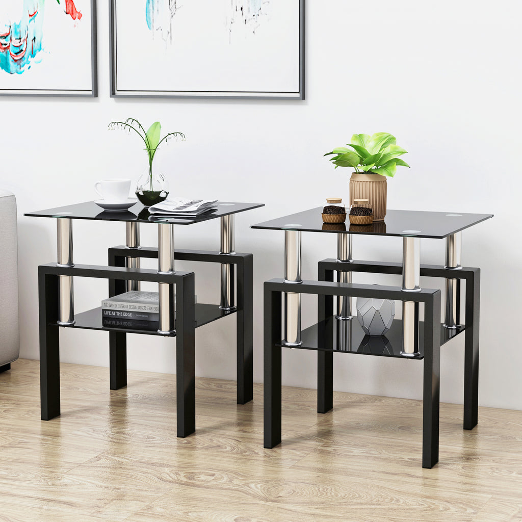 Modern Tempered Glass Tea Table Coffee Table End Table Set in Black with Metal Legs, 17.72 x 17.72 x 20.5 Inches - Grand Goldman Shop