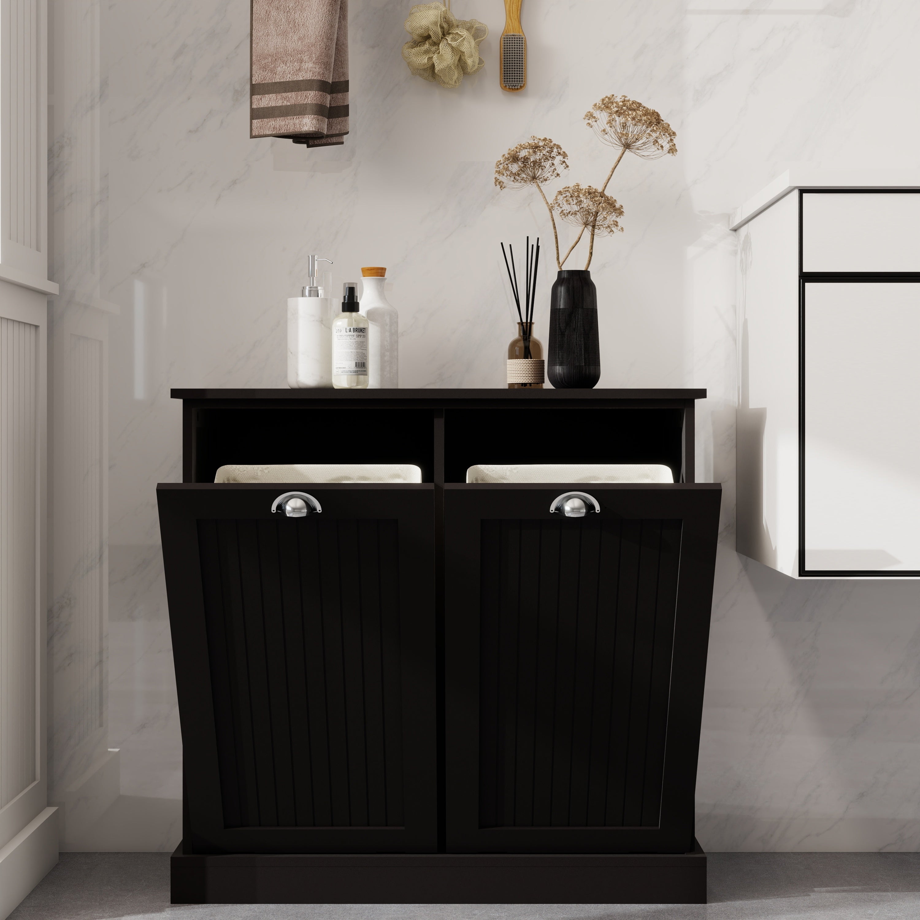 Two-Compartment Tilt-Out Laundry Sorter Cabinet-Black - Grand Goldman Shop