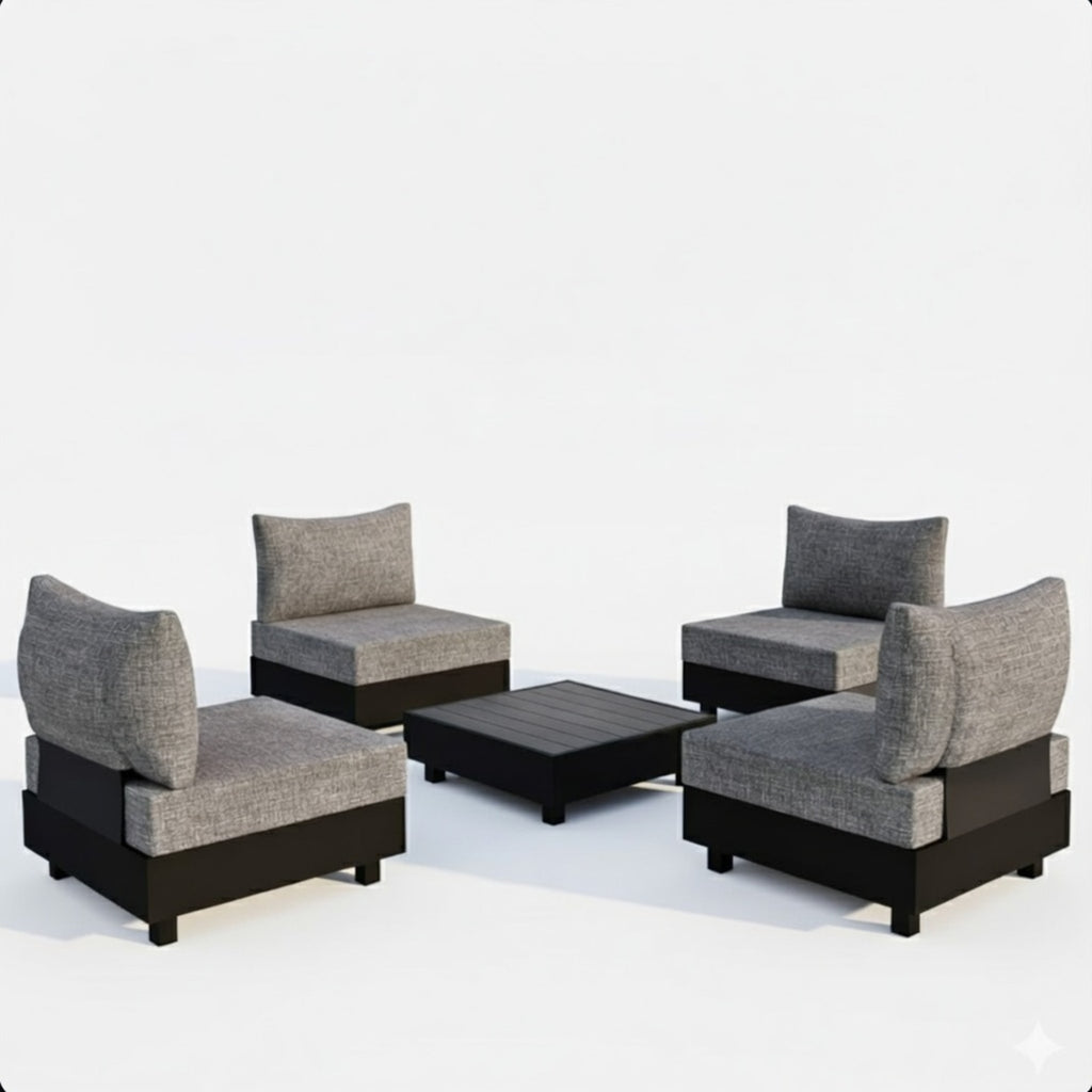 Modern Gray Aluminum Patio Sectional Set with Modular Armless Chairs and Coffee Table