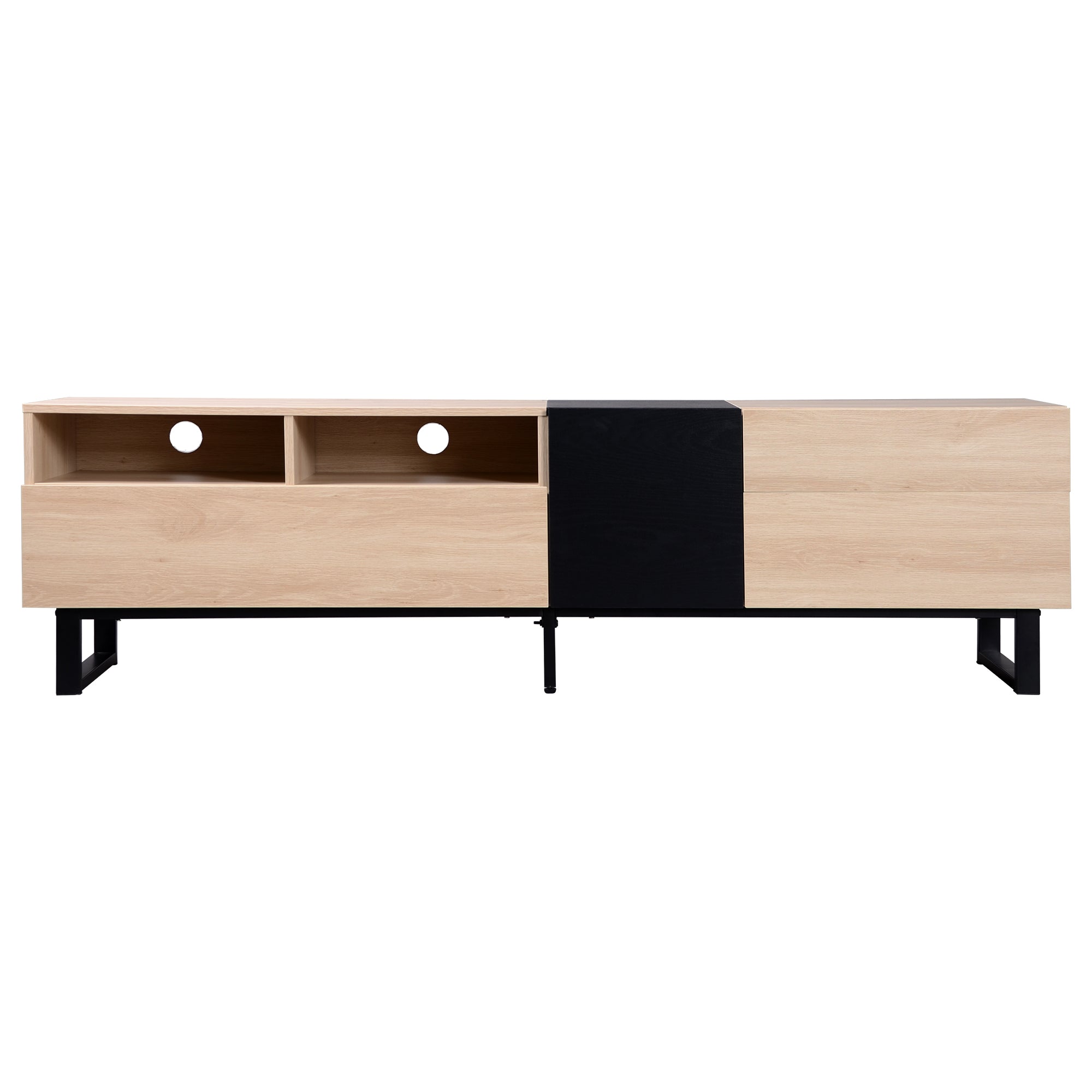 Modern TV Stand for 80'' TV with Double Storage Space, Media Console Table in Natural Wood Finish, Particle Board Construction, 70.9'' L x 15'' W x 19.7'' H - Grand Goldman Shop