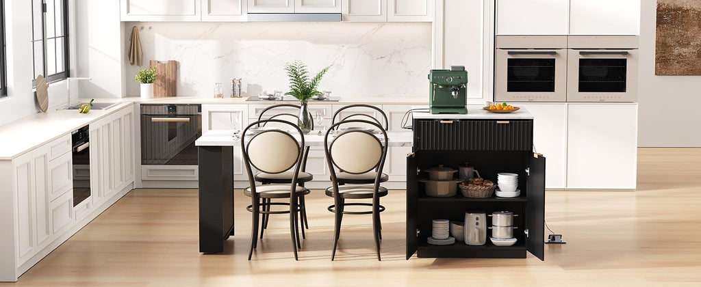 K&K 82.6' Fluted Kitchen Island with Extendable Dining Table for 4-6, Island Table for Kitchen with Power Outlet, Kitchen Table with Double-Side Storage, 2 Drawers 2 Side Open Shelves, Black - Grand Goldman Shop