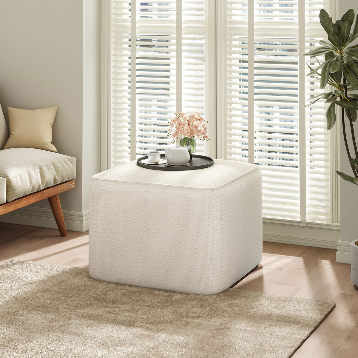 Upholstered Square Ottoman,White,Boucle - Grand Goldman Shop