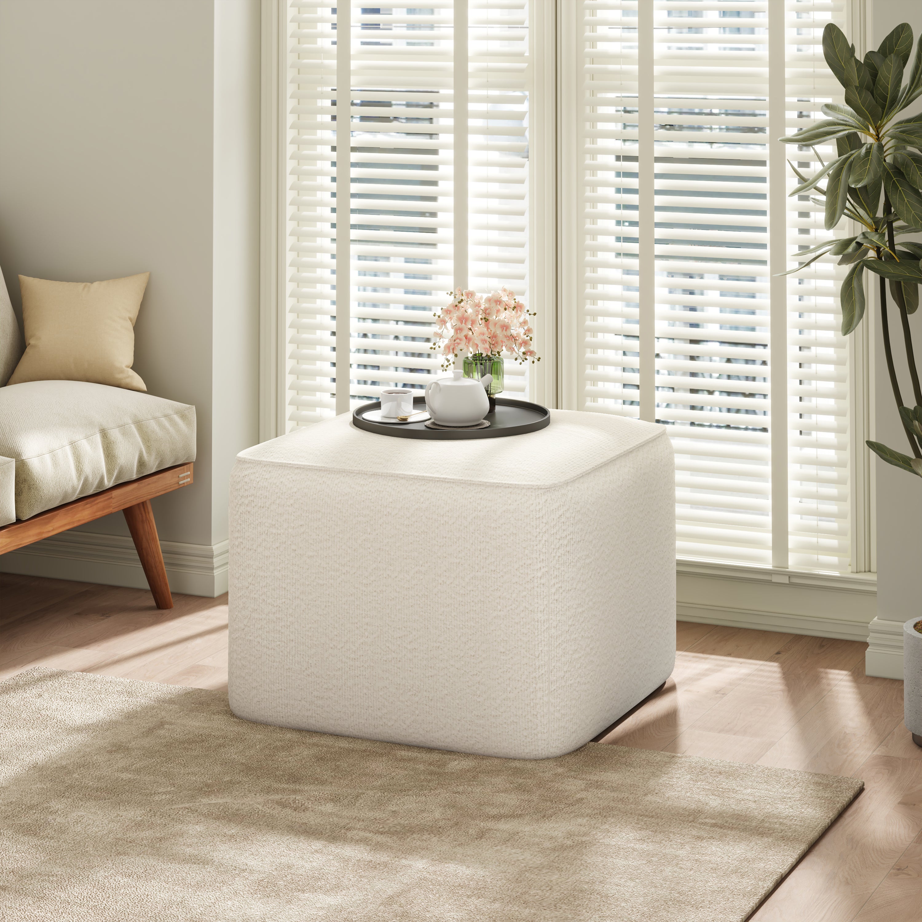 Upholstered Square Ottoman,White,Boucle - Grand Goldman Shop