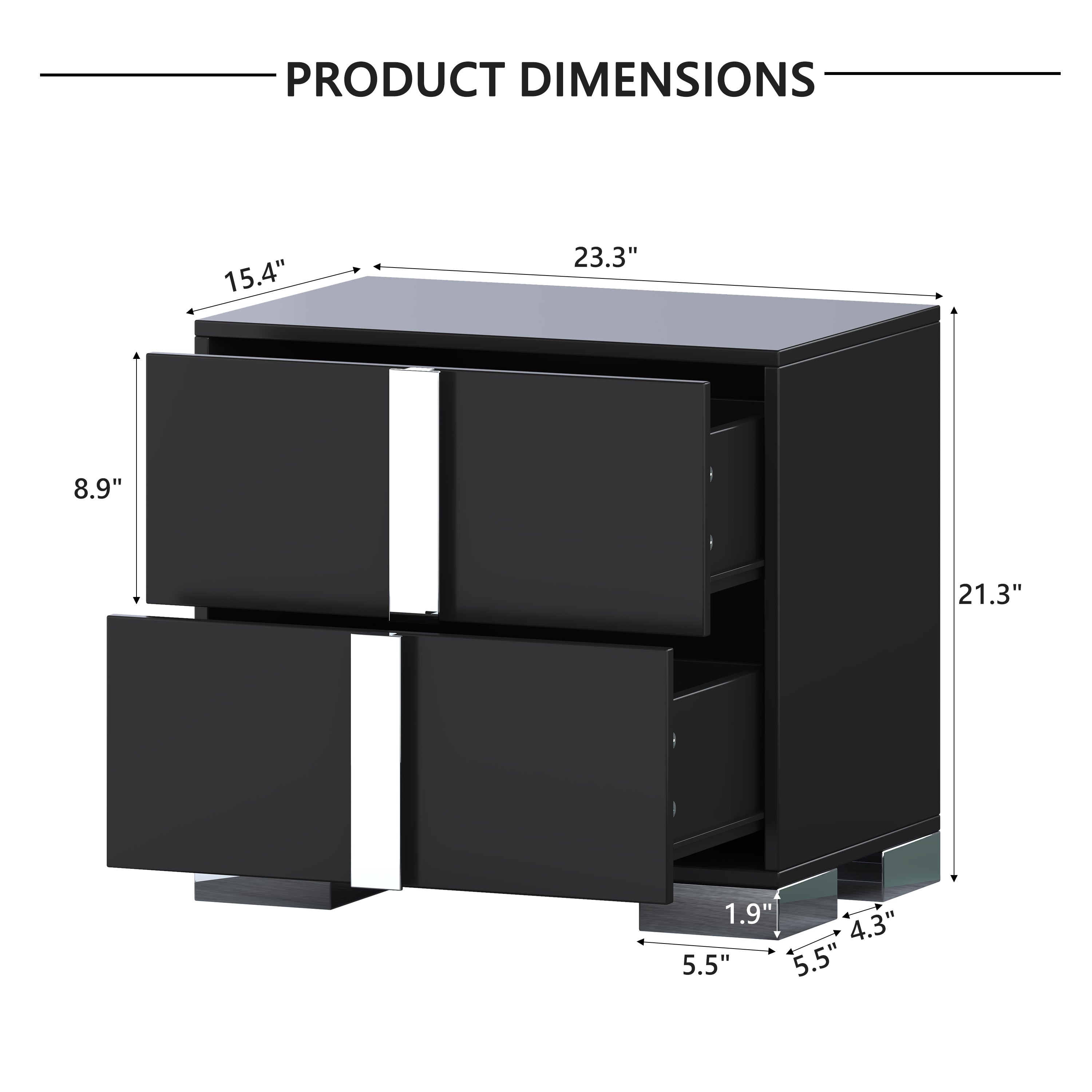 Elegant Nightstand with Metal Foot, Mirrored Bedside Table with 2 Drawers for Bedroom, Living Room, Black - Grand Goldman Shop