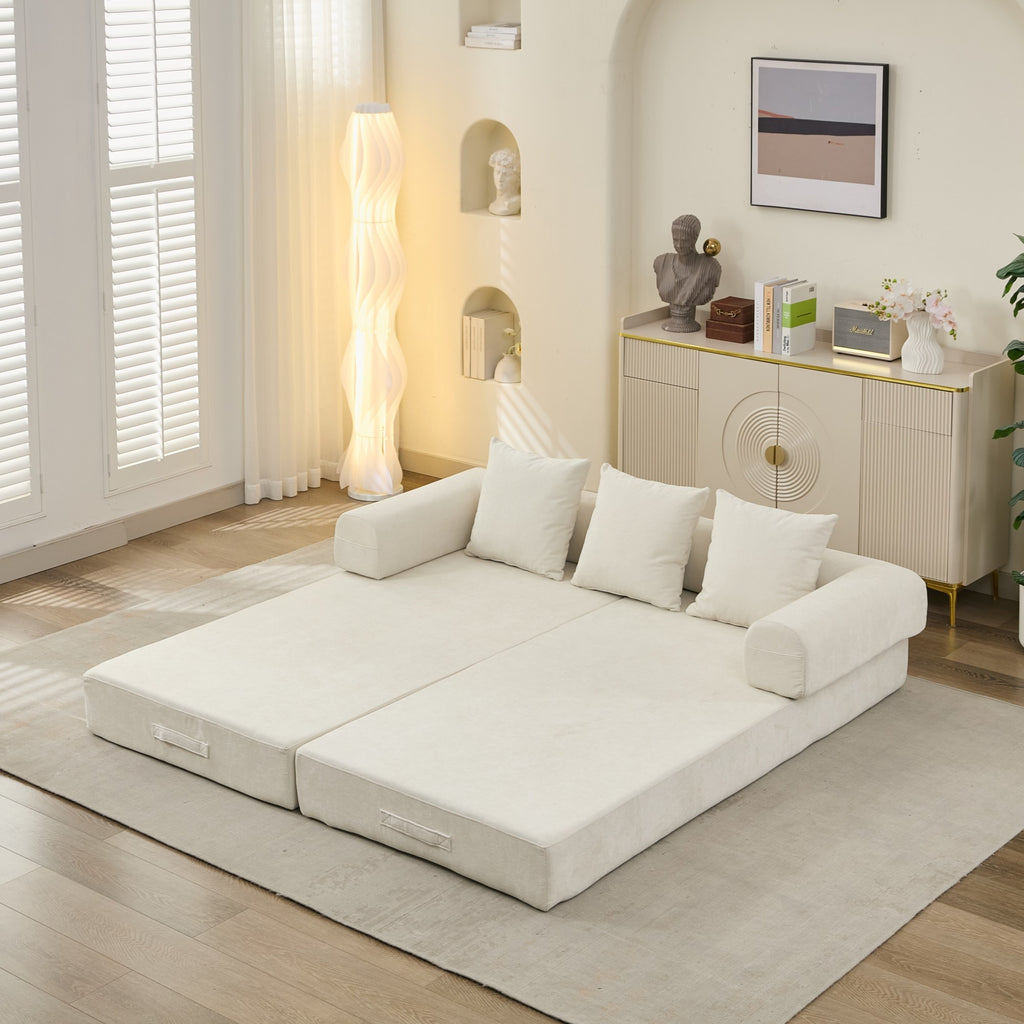 Comfy Convertible Folding Mattress Couch, Floor Sofa Bed, Chenille Floor Sofa with Armrest, Floor Sofa Lounge Couch for Living Room Bedroom Lounge Studio-Beige - Grand Goldman Shop