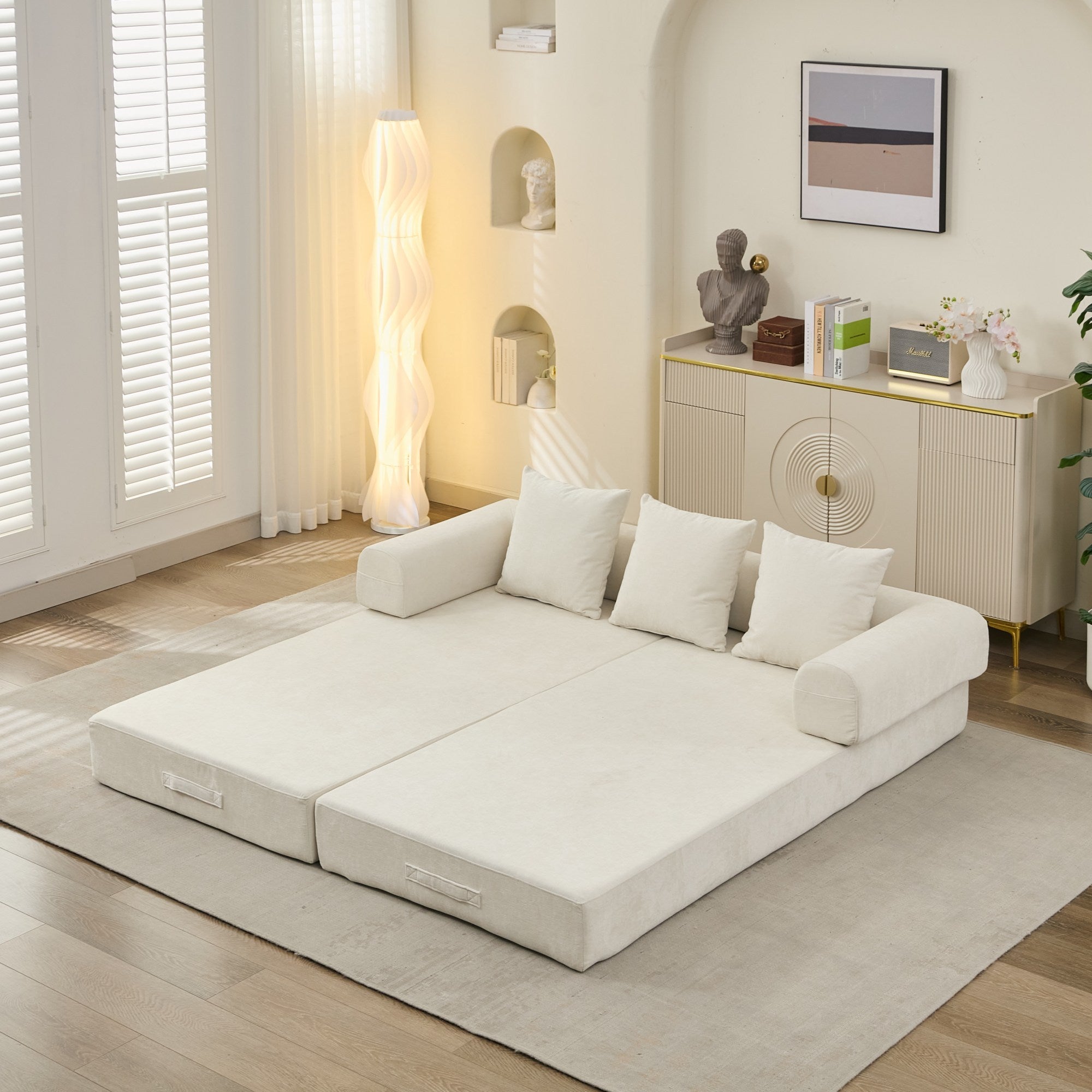 Comfy Convertible Folding Mattress Couch, Floor Sofa Bed, Chenille Floor Sofa with Armrest, Floor Sofa Lounge Couch for Living Room Bedroom Lounge Studio-Beige - Grand Goldman Shop
