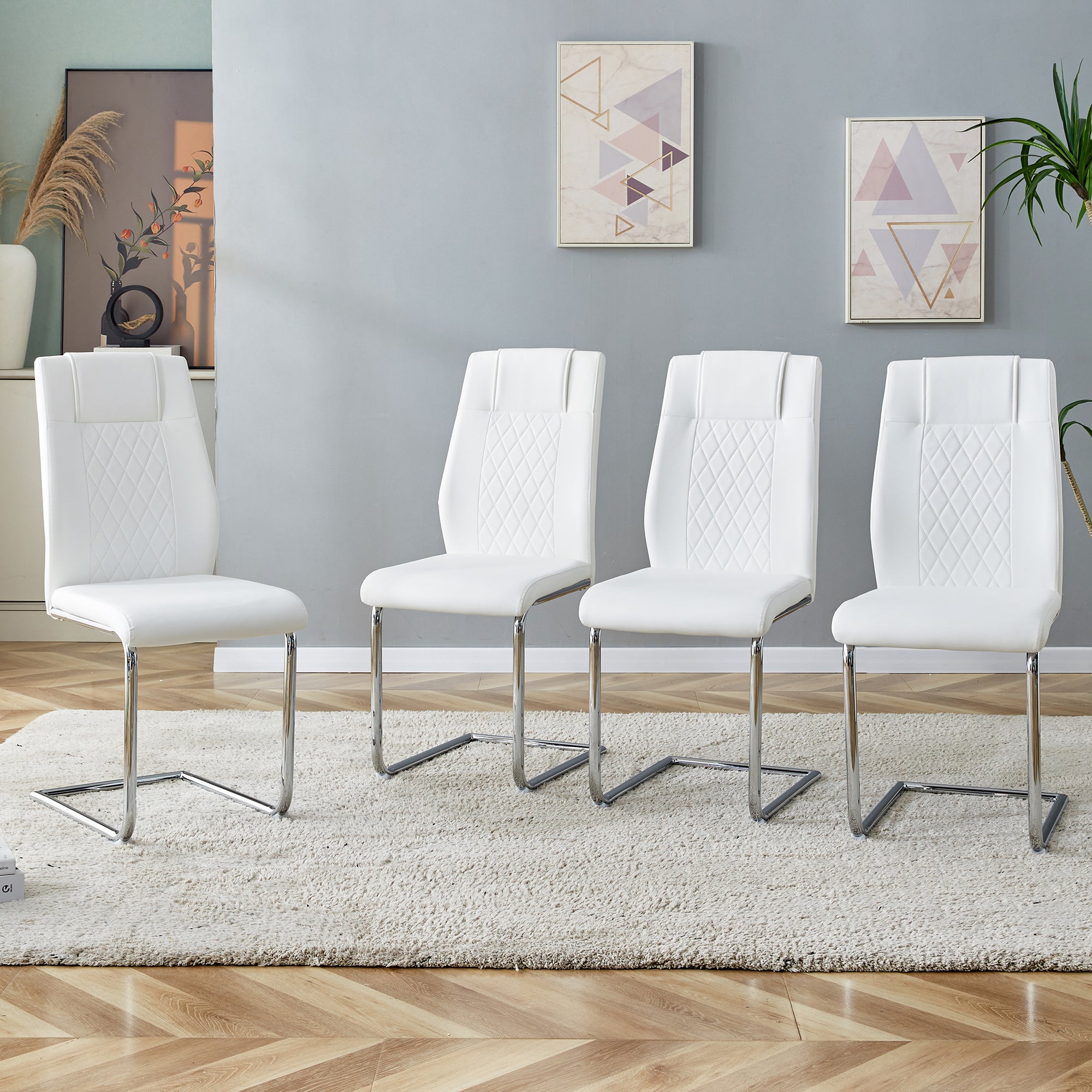 Modern Dining Chairs with Faux Leather Padded Seat and Metal Legs in White, Set of 4 - Grand Goldman Shop