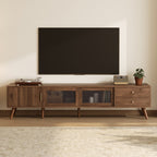 76' Modern Minimal Glass-Doors TV Stand for TVs up to 85 Inches, Wood-Grain Entertainment Center with Storage Cabinets, TV Media Console Table for Living Room, Bedroom - Grand Goldman Shop
