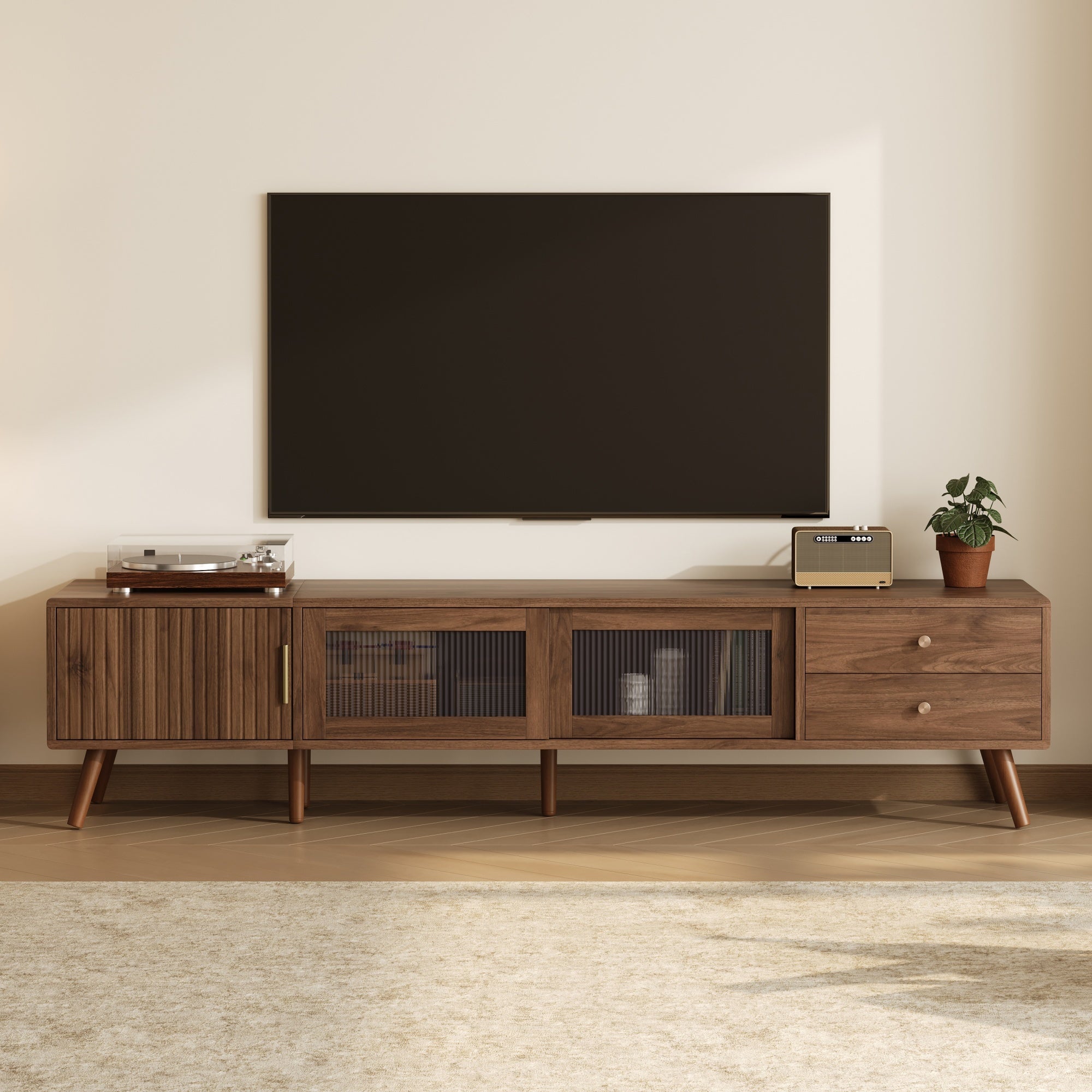 76' Modern Minimal Glass-Doors TV Stand for TVs up to 85 Inches, Wood-Grain Entertainment Center with Storage Cabinets, TV Media Console Table for Living Room, Bedroom - Grand Goldman Shop
