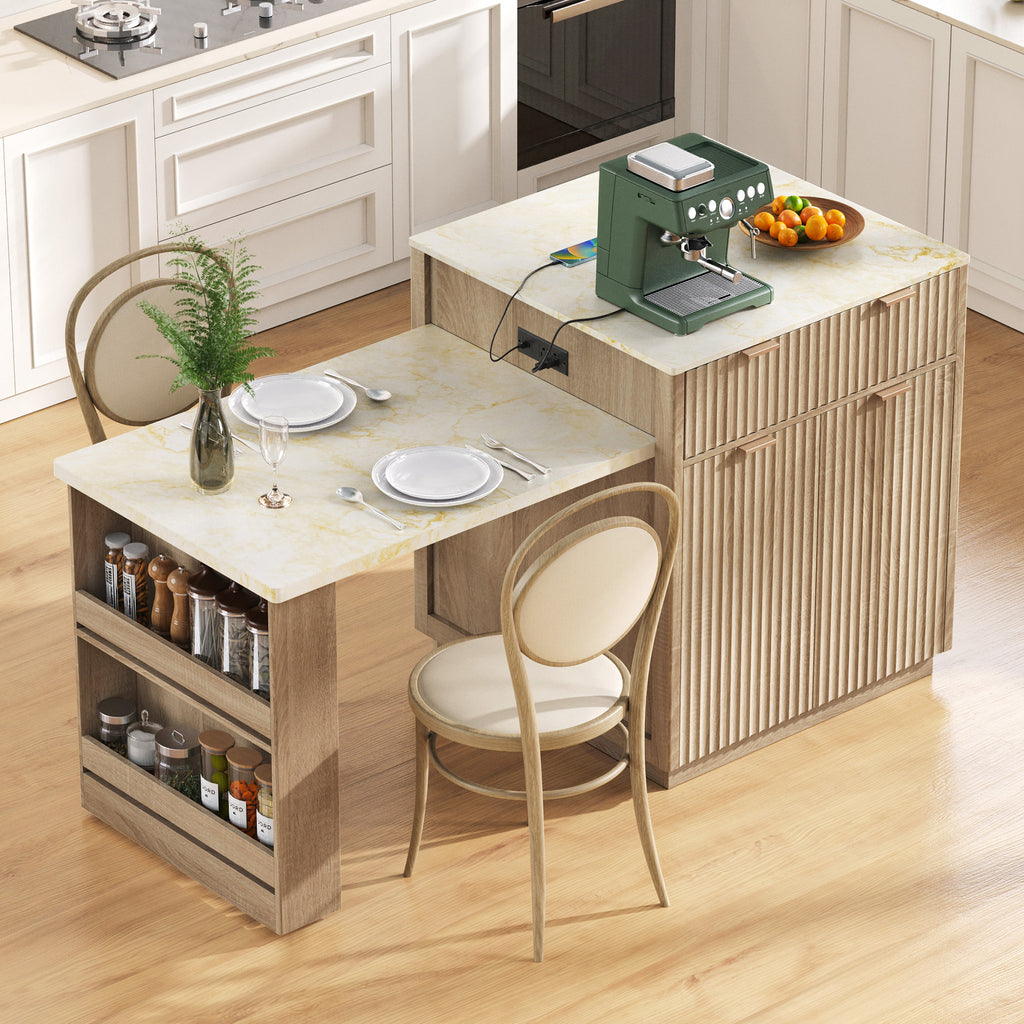 K&K 82.6' Fluted Kitchen Island with Extendable Dining Table for 4-6, Island Table for Kitchen with Power Outlet, Kitchen Table with Double-Side Storage, 2 Drawers 2 Side Open Shelves, Natural - Grand Goldman Shop