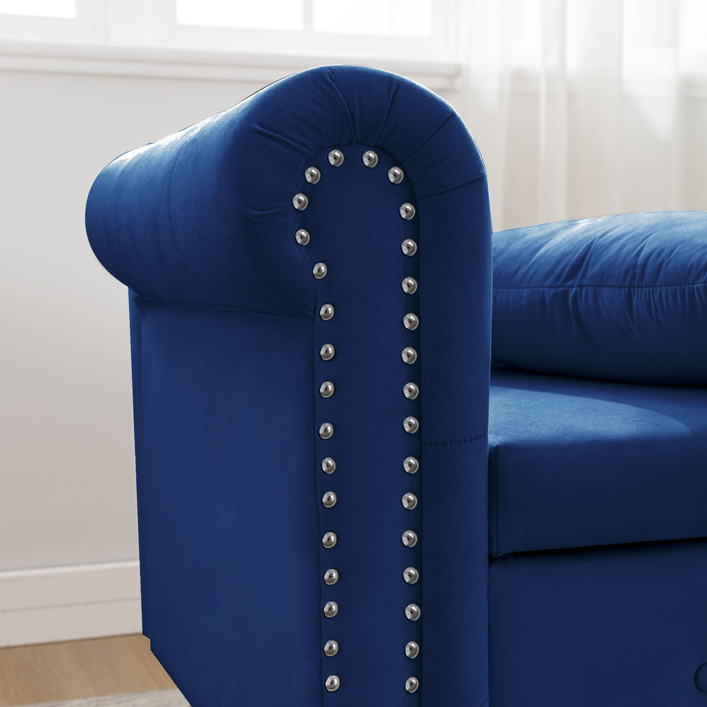 Navy Blue Chaise Lounge Indoor, Velvet Lounge Chair for Bedroom with Storage & Pillow, Modern Upholstered Rolled Arm Chase Lounge for Sleeping with Nailhead Trim for Living Room Bedroom Office - Grand Goldman Shop