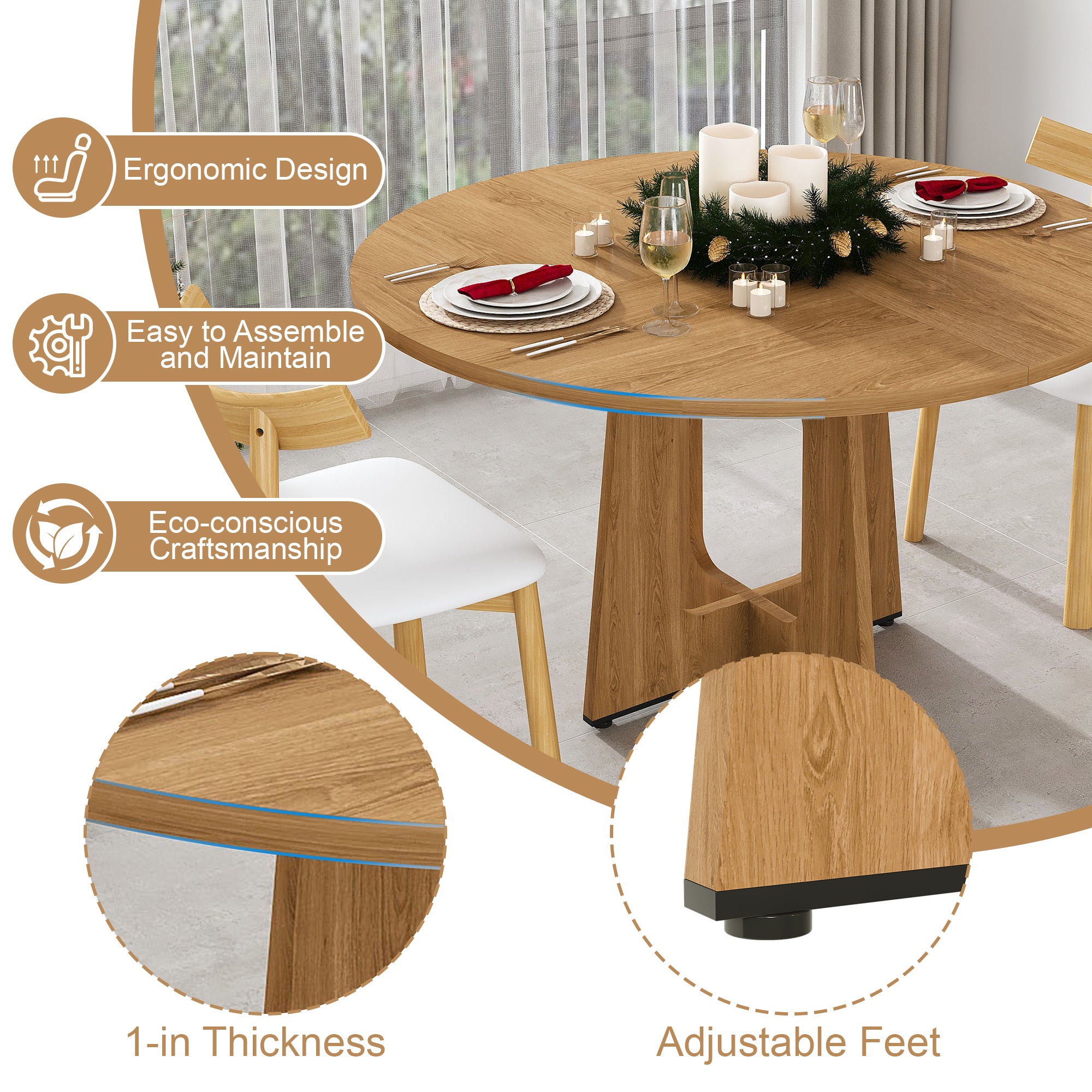 Round Dining Table for 4 - 47 Inch Farmhouse Kitchen Table, MDF Circle Table with Oak Finish, 300lb Weight Capacity, Easy Assembly for Dining Room, Kitchen, Living Room - Spiced Round Table - Grand Goldman Shop