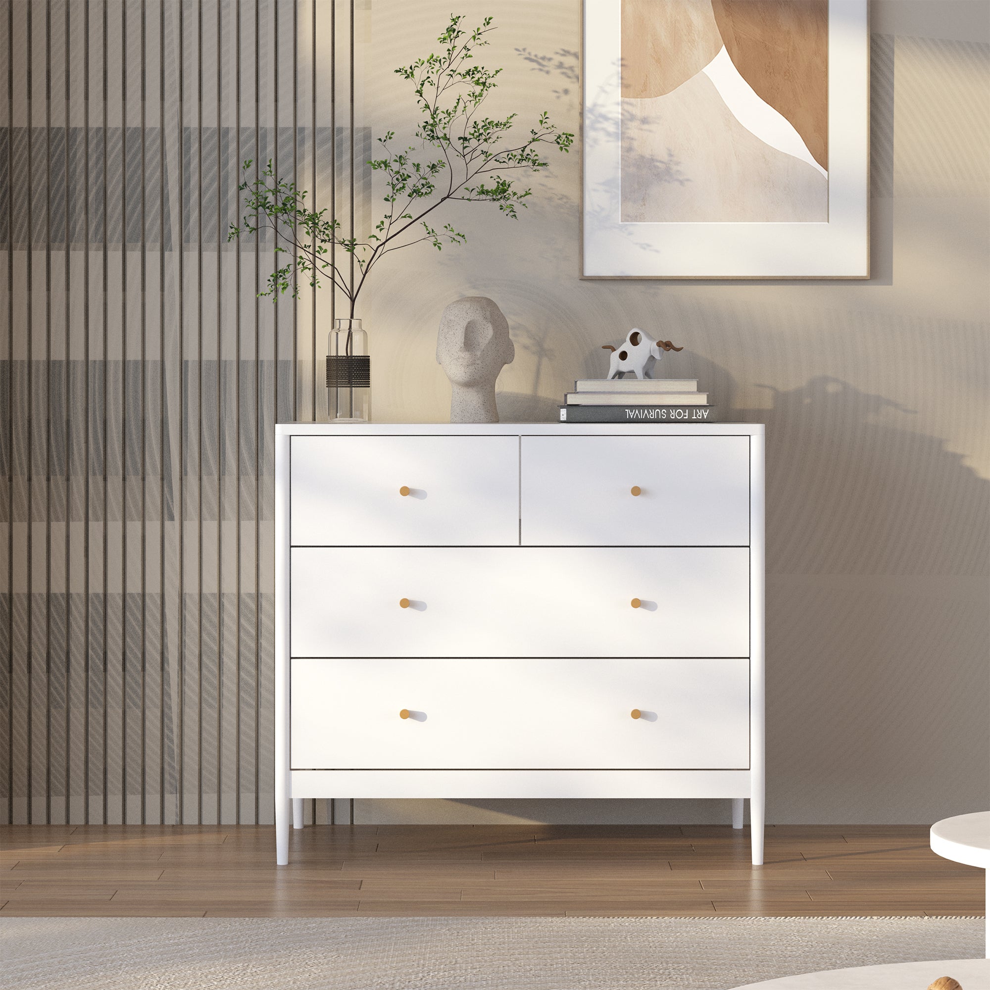 White 4-Drawer Kids Dresser with Antique Brass Pulls, Wooden Storage Cabinet for Nursery or Toddler Bedroom, 35.4' Wide - Grand Goldman Shop