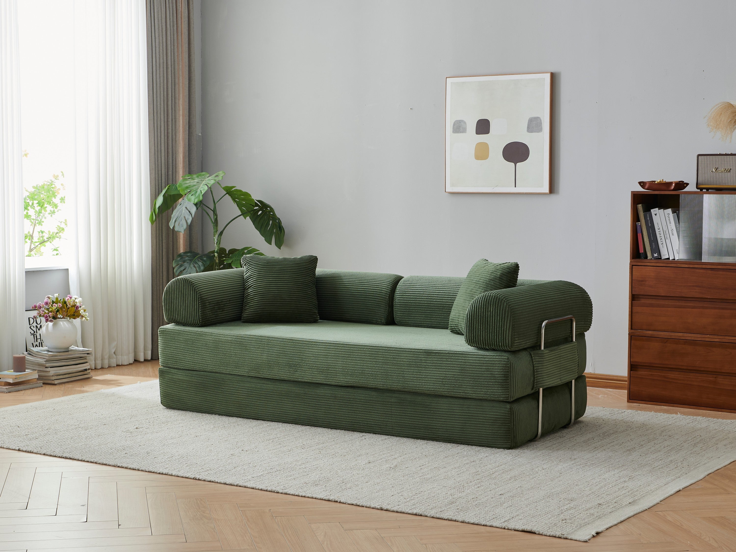 78.8' Compression Sofa,Convertible Floor Sofa Bed-with Pillow Back Support Armrest,Comfy Futon Couch Sleeper Bed,Loveseats Boneless Modular Sectional Sofa,Corduroy fabric,for Living Room,Bedroom,Green - Grand Goldman Shop