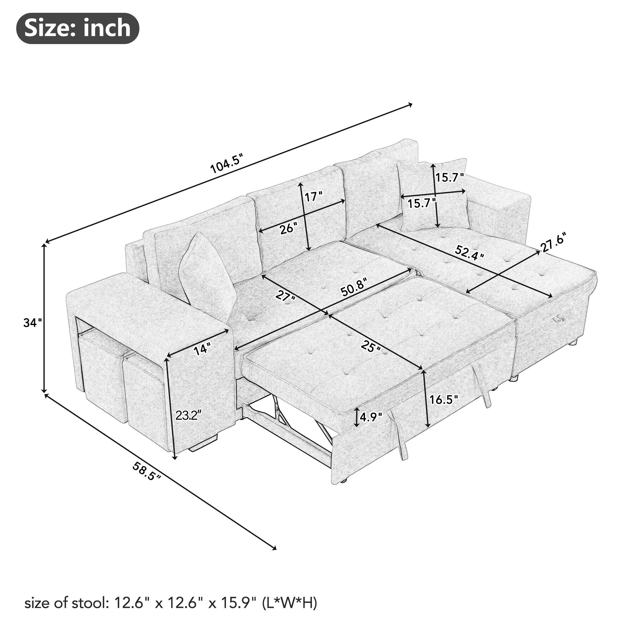 Modern L-Shape 3 Seat Reversible Sectional Couch with Pull Out Sleeper Sofa, Storage Chaise, 2 Stools, Charcoal Grey, Linen Chenille - Grand Goldman Shop