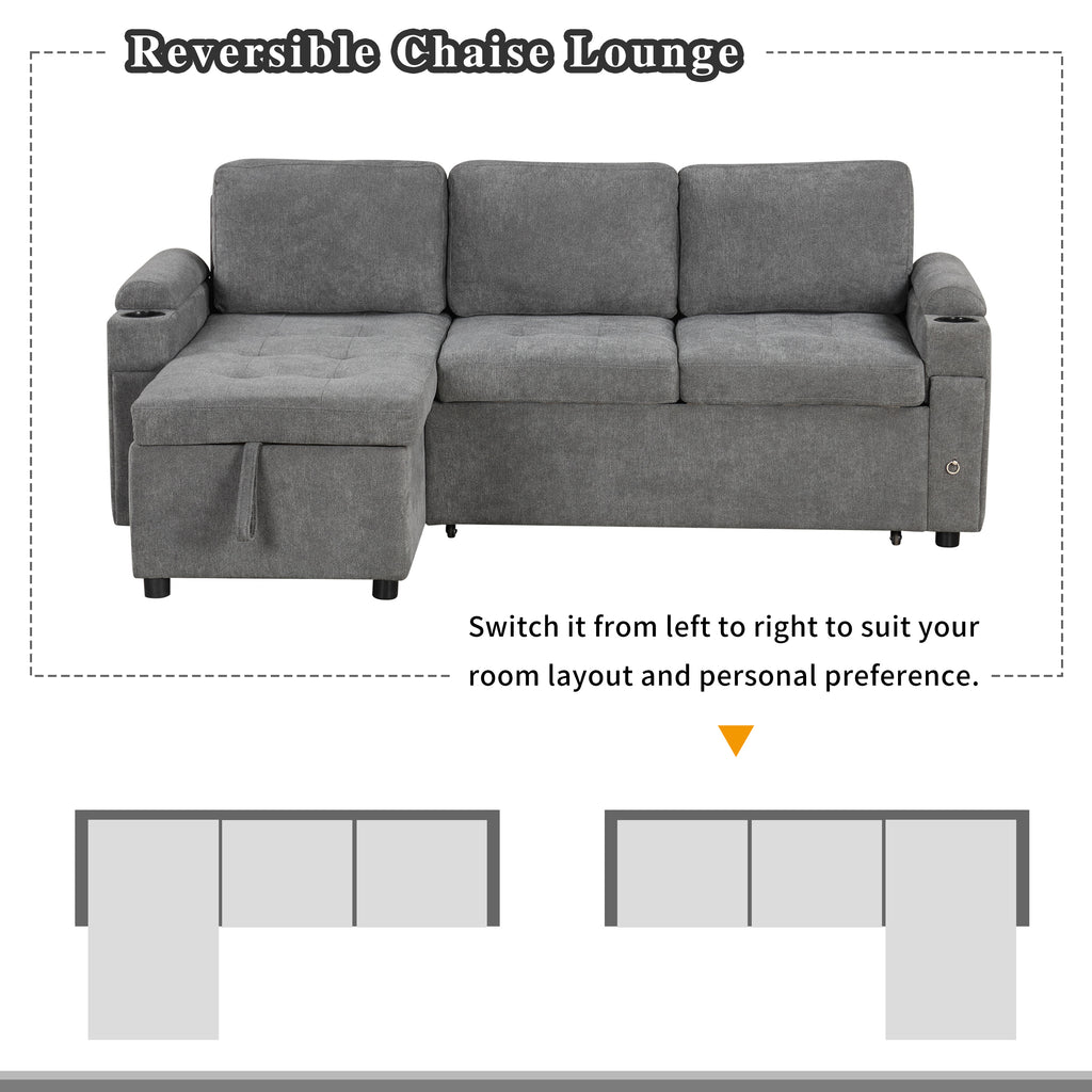 Modern L-shaped Convertible Sofa Bed with Storage, Cup Holders, USB Ports, Gray Chenille, 83.5' - Grand Goldman Shop