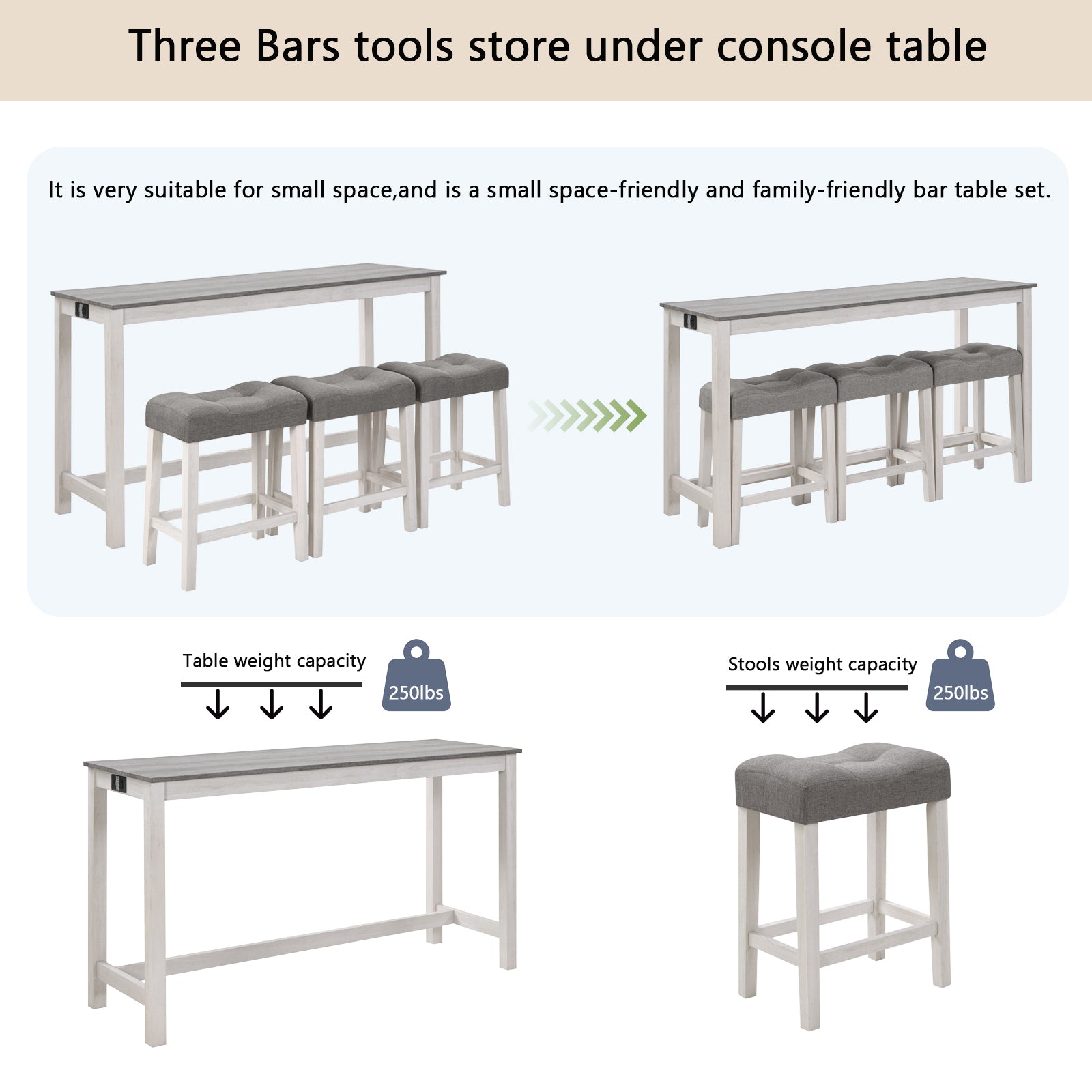 4 Piece Bar Table Set with Power Outlet, Bar Table Set with Chairs, Sofa Bar Table with Stools, Behind Couch Table with 3 Padded Stools, for Living Room, Dining room, White & Grey - Grand Goldman Shop