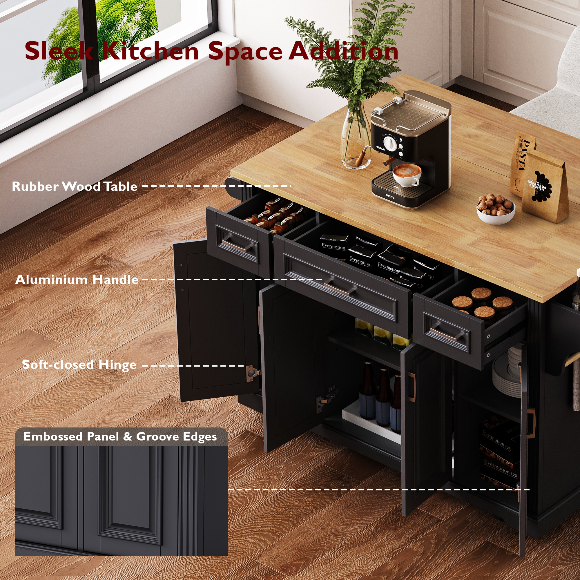 K&K 54inch Large Kitchen Island with Rubber Wood Drop Leaf, Embossed Texture Rolling Kitchen Cart on 4 Wheels with 4 Doors and 3 Drawers, Kitchen Island with Storage for Kitchen, Dining Room,Black - Grand Goldman Shop