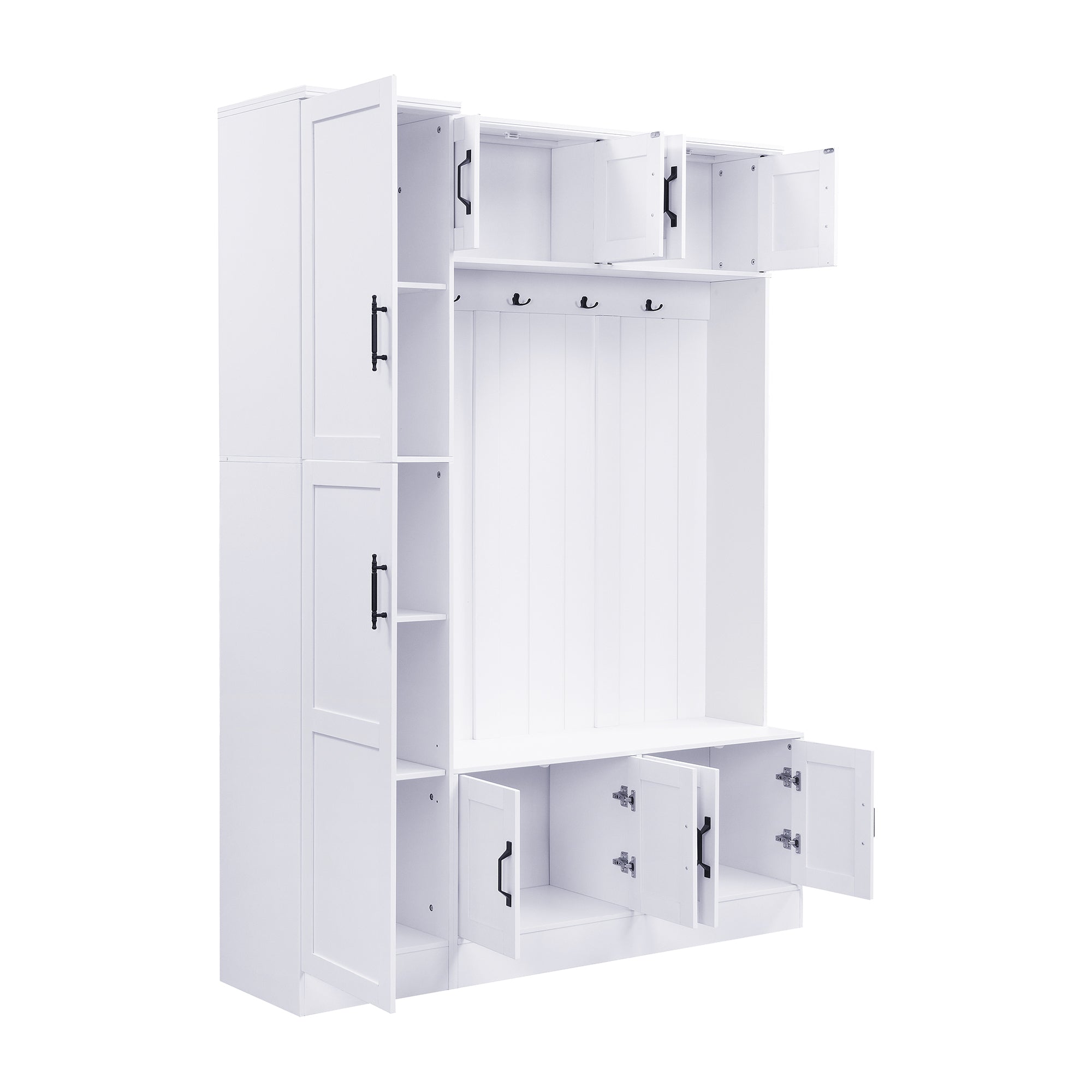 VIBE HAUS 79'' Tall Modern Hall Tree with Shoe Storage, 4-in-1 Entryway Bench with 6 Cabinets, 4 Coat Hooks & Adjustable Shelf for Hallway, living room, White - Grand Goldman Shop