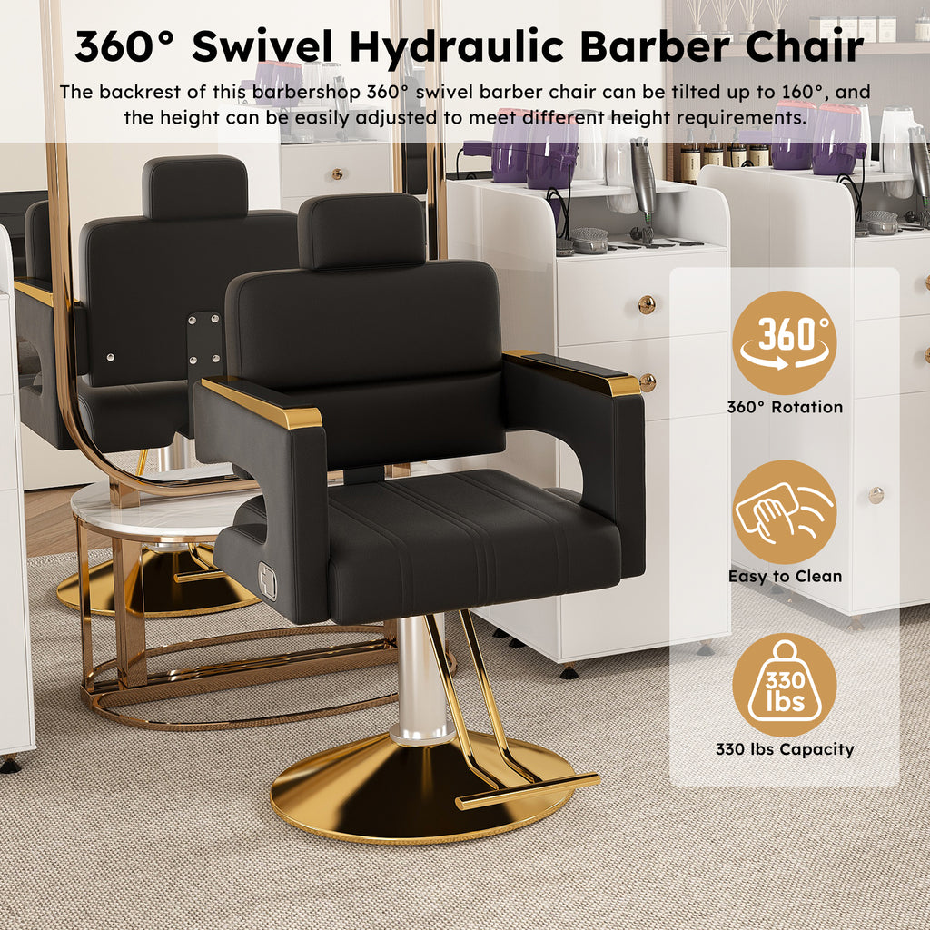 Professional Hydraulic Barber Chair with 360° Swivel, Adjustable Height, Stainless Steel Armrests & Reclining Backrest in Black & Gold - Grand Goldman Shop