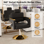 Professional Hydraulic Barber Chair with 360° Swivel, Adjustable Height, Stainless Steel Armrests & Reclining Backrest in Black & Gold - Grand Goldman Shop