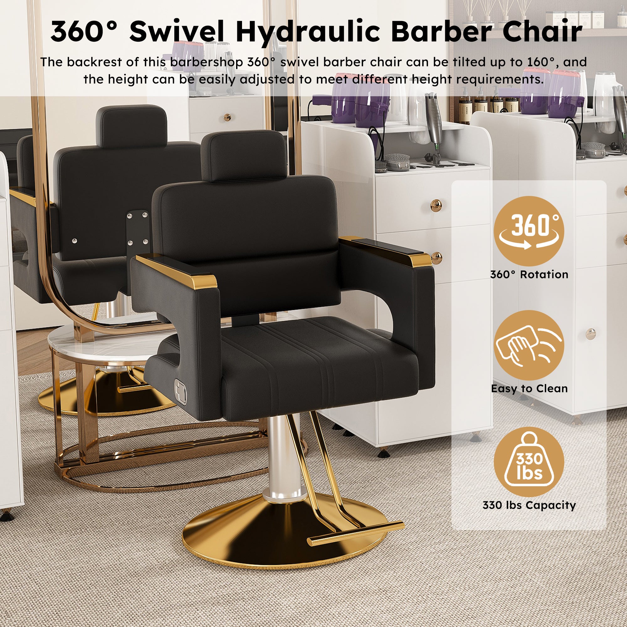 Professional Hydraulic Barber Chair with 360° Swivel, Adjustable Height, Stainless Steel Armrests & Reclining Backrest in Black & Gold - Grand Goldman Shop