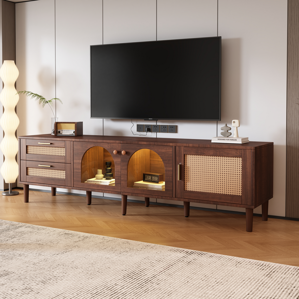 Dark Brown Rattan-inspired TV Stand with 3 Cabinets & 2 Drawers, LED Light Media Console for TVs up to 80'', MDF & Solid Wood Construction - Grand Goldman Shop