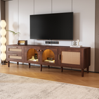 Dark Brown Rattan-inspired TV Stand with 3 Cabinets & 2 Drawers, LED Light Media Console for TVs up to 80'', MDF & Solid Wood Construction - Grand Goldman Shop