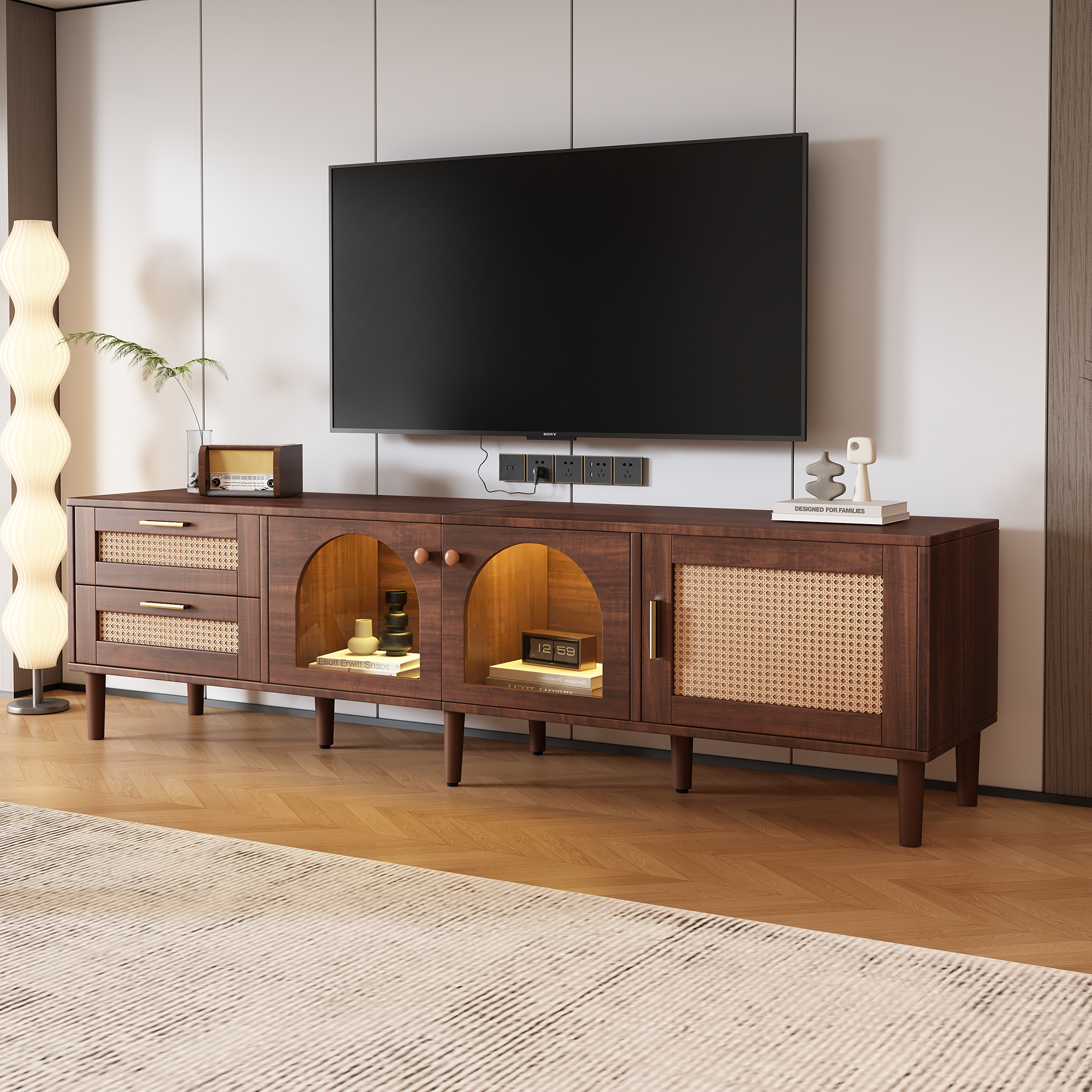 Dark Brown Rattan-inspired TV Stand with 3 Cabinets & 2 Drawers, LED Light Media Console for TVs up to 80'', MDF & Solid Wood Construction - Grand Goldman Shop