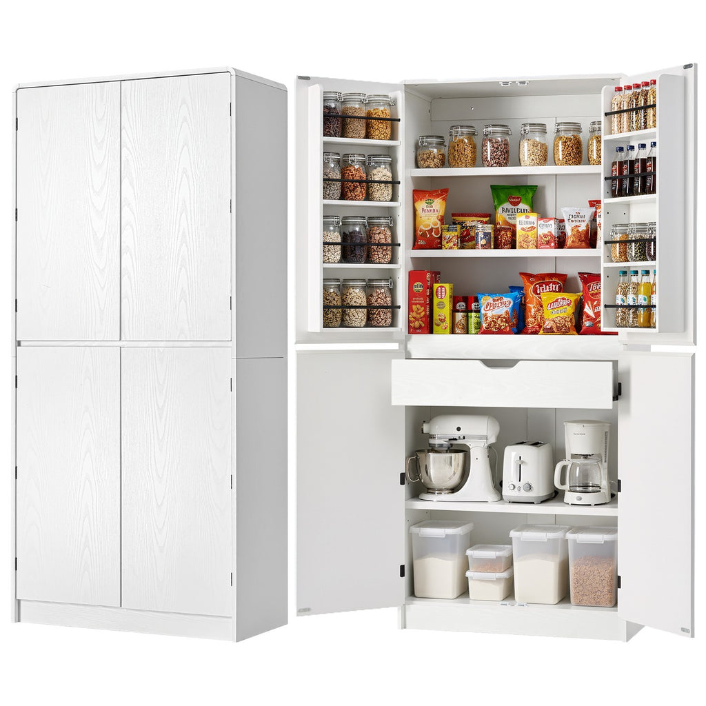 K&K 72' Tall Farmhouse Kitchen Pantry Cabinet with 8 Door Shelves, Curved Design Storage Cabinet with 3 Adjustable Shelves, Hidden Drawer, Versatile Cupboard for Kitchen, Dining & Bathroom, White - Grand Goldman Shop