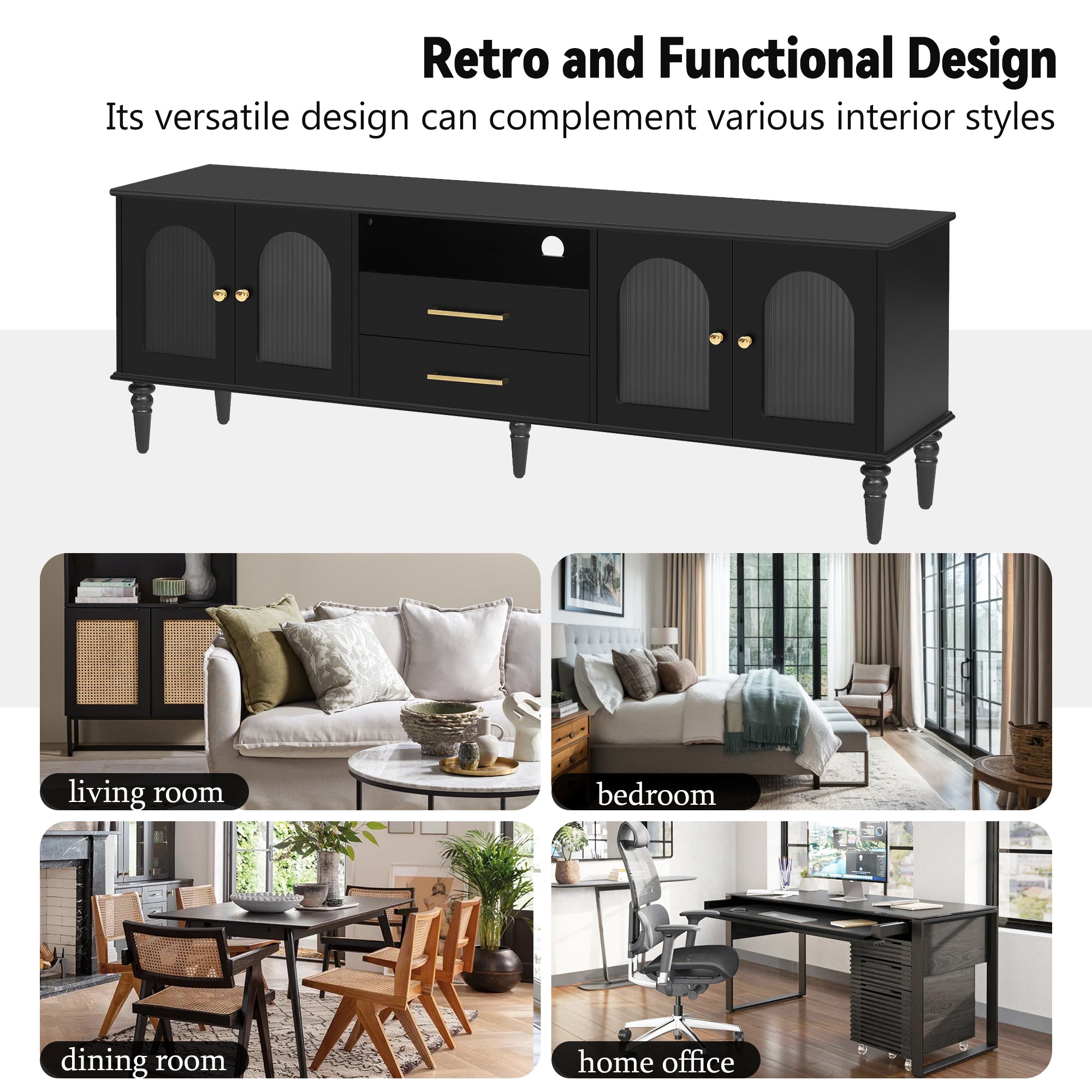 68.9'' Retro TV Stand for TVs up to 75 Inches, Entertainment Center Media Console with Fluted Glass Doors and Five Solid Wood Legs for Living room - Grand Goldman Shop