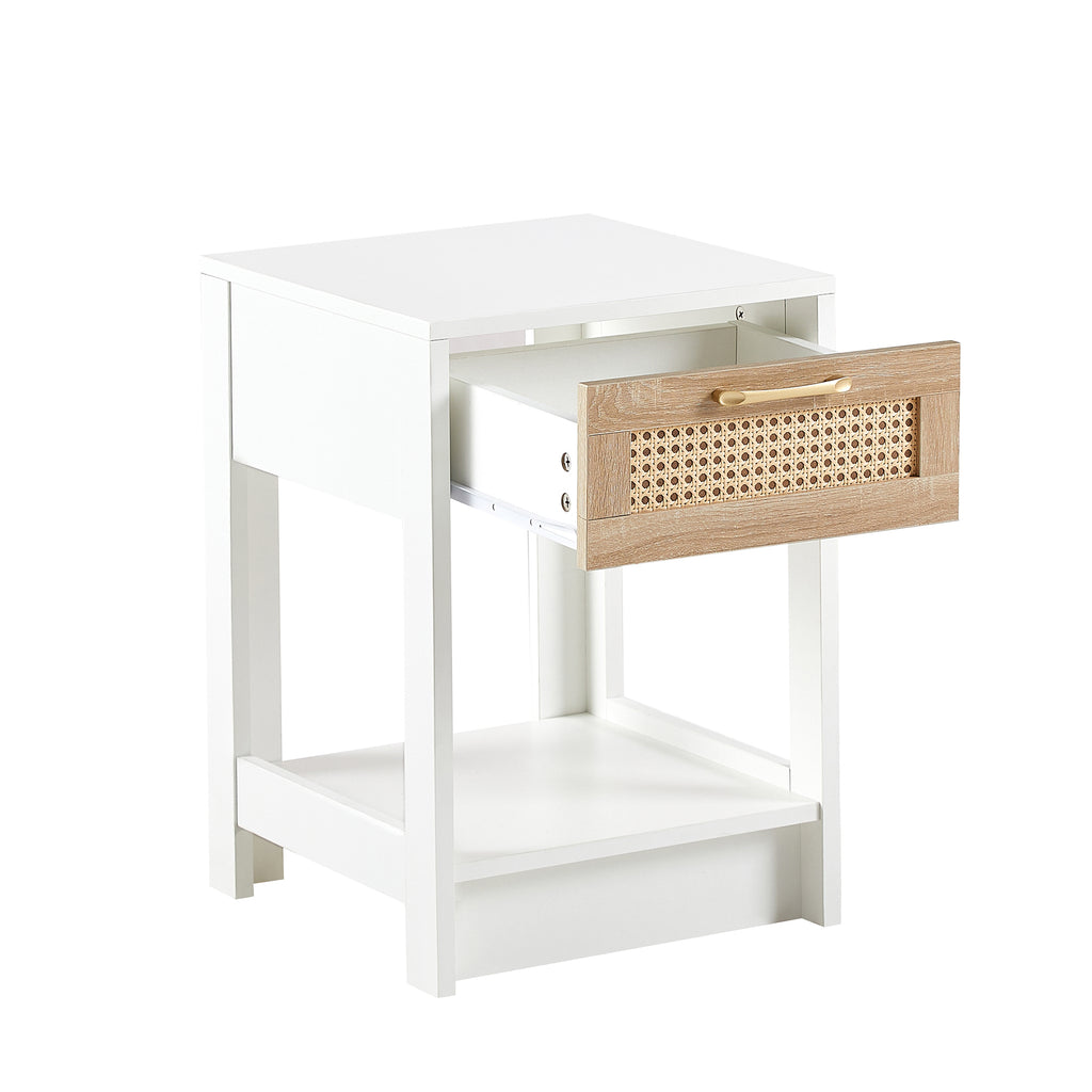 Modern Rattan End Table with Drawer, White MDF and Rattan, 15.75' Square - Grand Goldman Shop