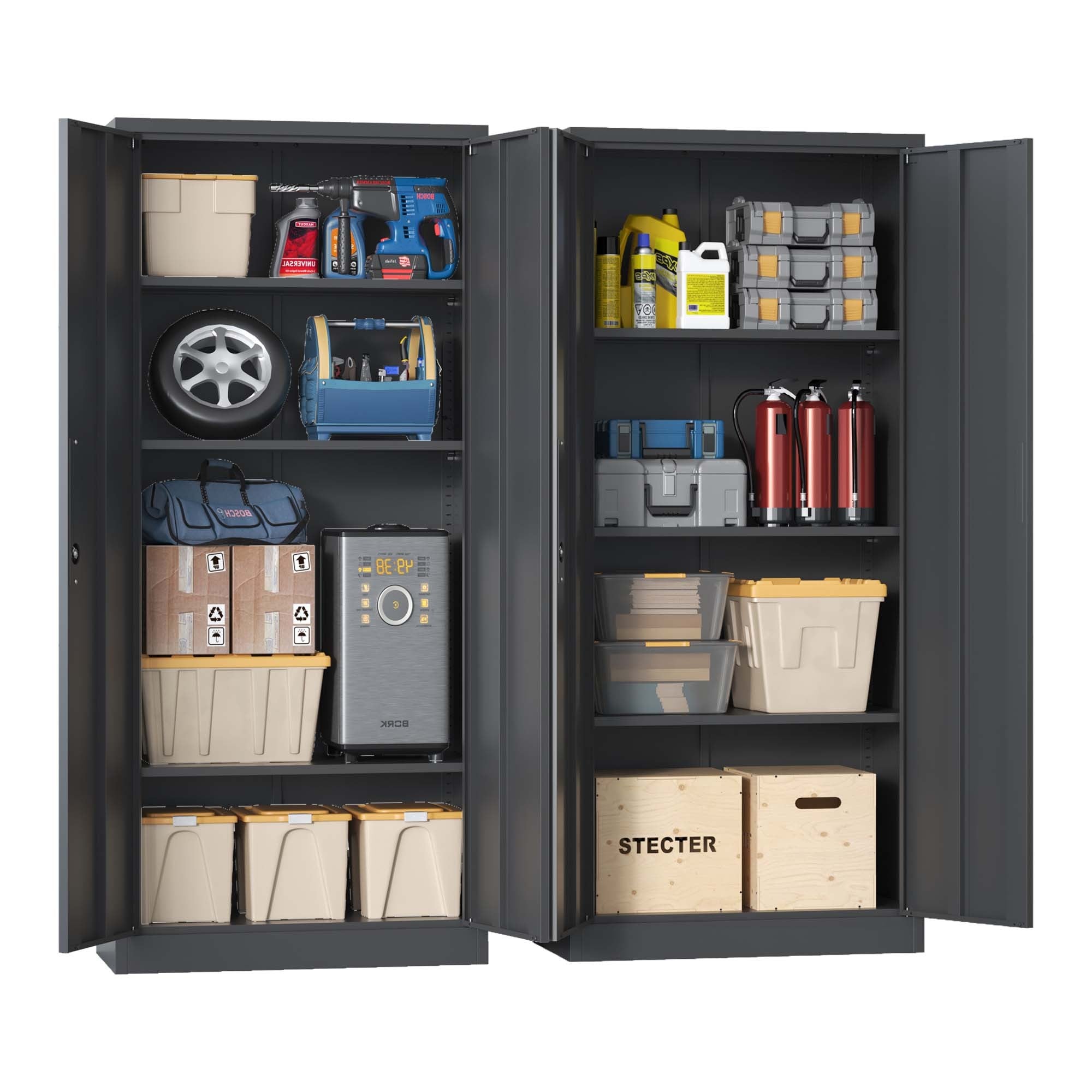 Heavy Metal Garage Storage Cabinet, Black Tool Steel Locking Cabinet with Doors and 3 Adjustable Shelves, 71 Inch Tall - Gran