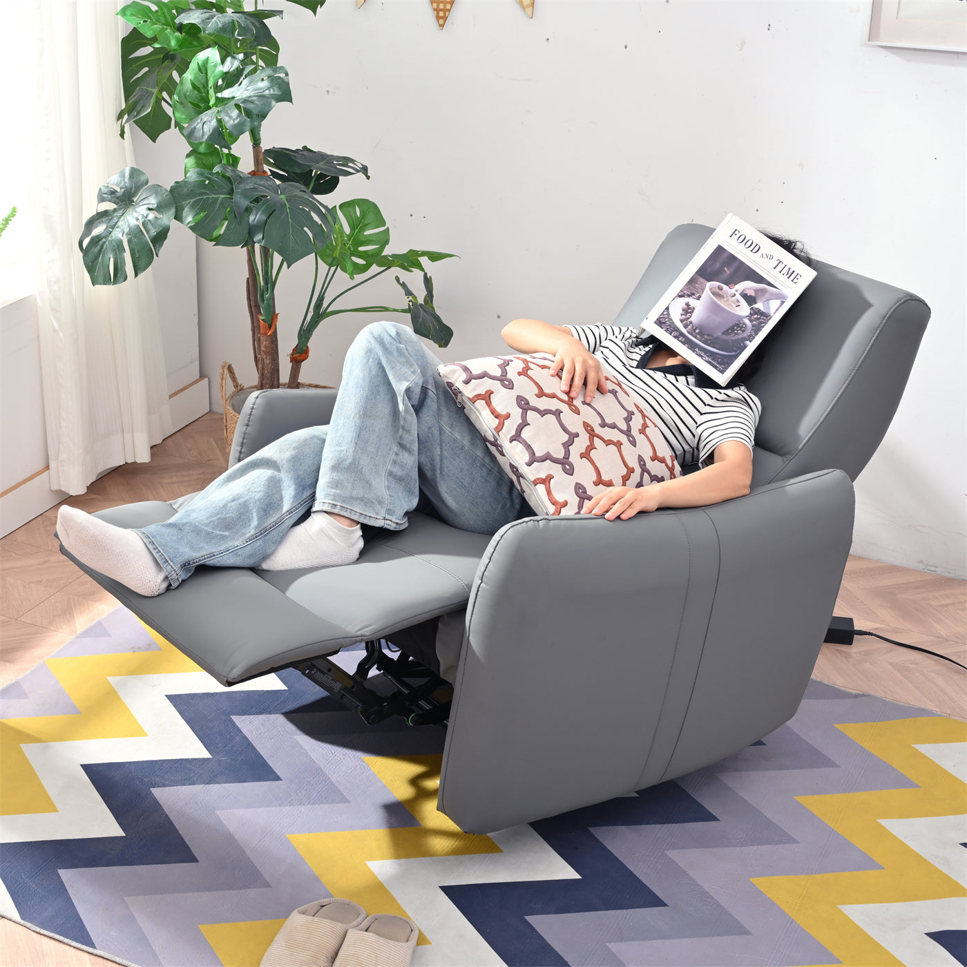 Wall Hugger Recliner,Power Recliner Chair,Electric Recliner for Living Room,PU Leather Reclining Armchair for small space,Reclining Sofa for Bedroom/Apartment/RV,with USB Port(Type-C) (Blue-Gray) - Grand Goldman Shop