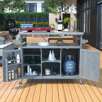 K&K Outdoor Kitchen Island, Rolling Bar Cart & Storage Cabinet, Farmhouse Solid Wood Outdoor Grill Table with Stainless Steel Top, Spice Rack , Towel Rack for Kitchen & BBQ , Grey Blue - Grand Goldman Shop