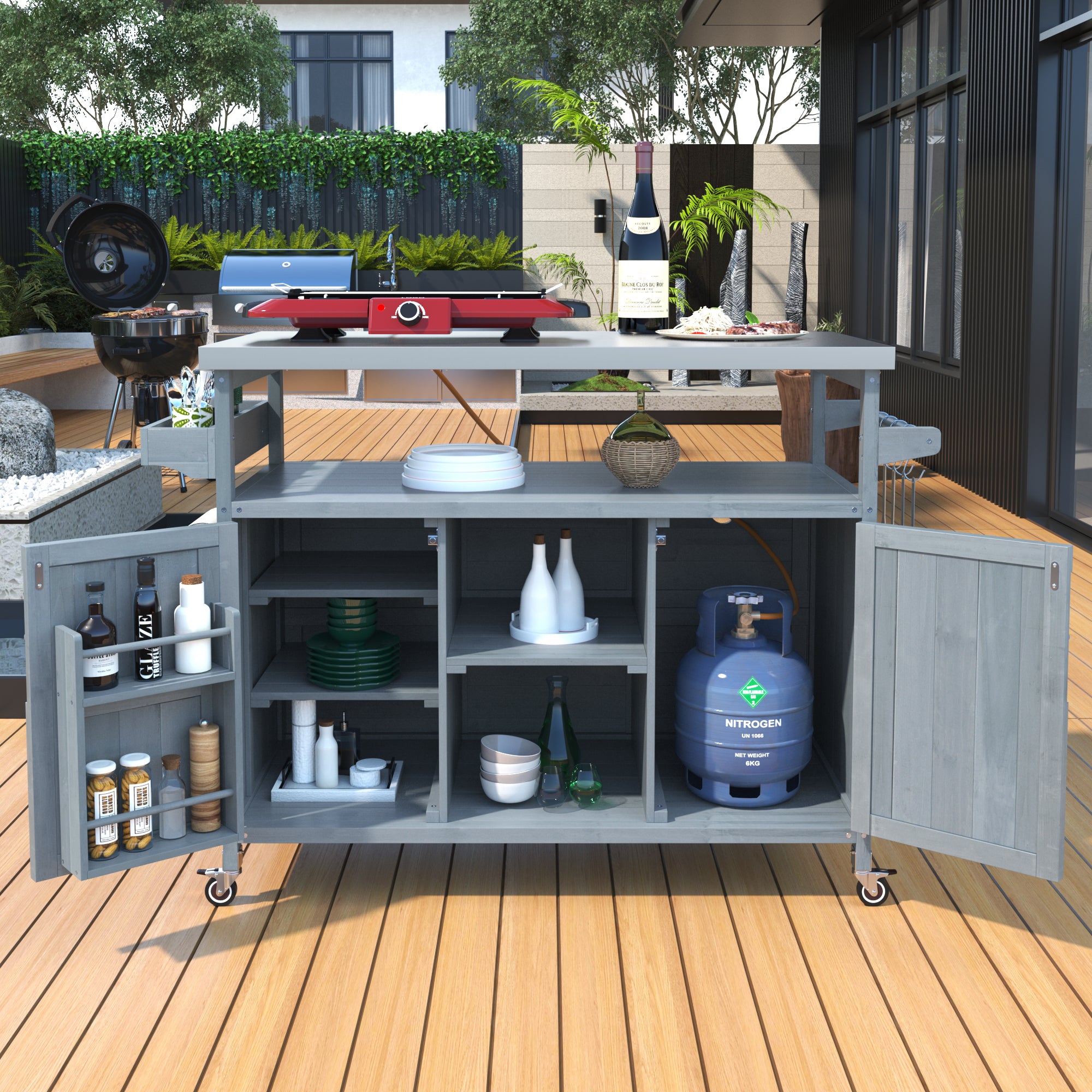 K&K Outdoor Kitchen Island, Rolling Bar Cart & Storage Cabinet, Farmhouse Solid Wood Outdoor Grill Table with Stainless Steel Top, Spice Rack , Towel Rack for Kitchen & BBQ , Grey Blue - Grand Goldman Shop