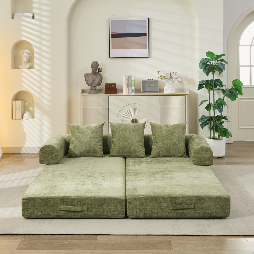 Comfy Convertible Folding Mattress Couch, Floor Sofa Bed, Chenille Floor Sofa with Armrest, Floor Sofa Lounge Couch for Living Room Bedroom Lounge Studio-Green - Grand Goldman Shop