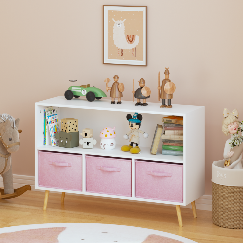Modern Kids Bookcase with Collapsible Fabric Drawers, Children's Book Display & Toy Storage, White/Pink MDF & Pine Legs | Pre